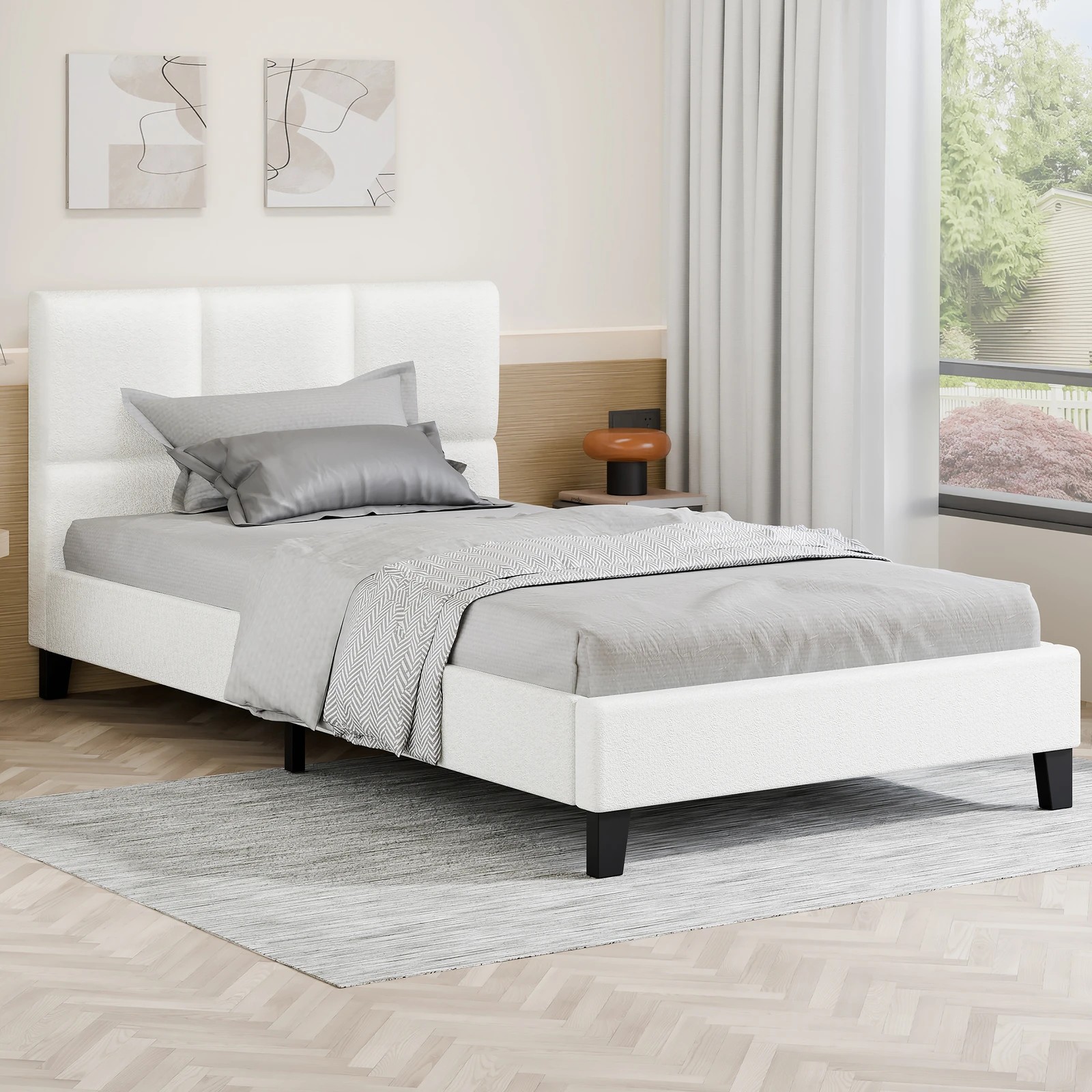 2 Alfordson Bed Frame Single Size Wooden Platform Mattress Base Boucle Fabric - White, 2 of 10