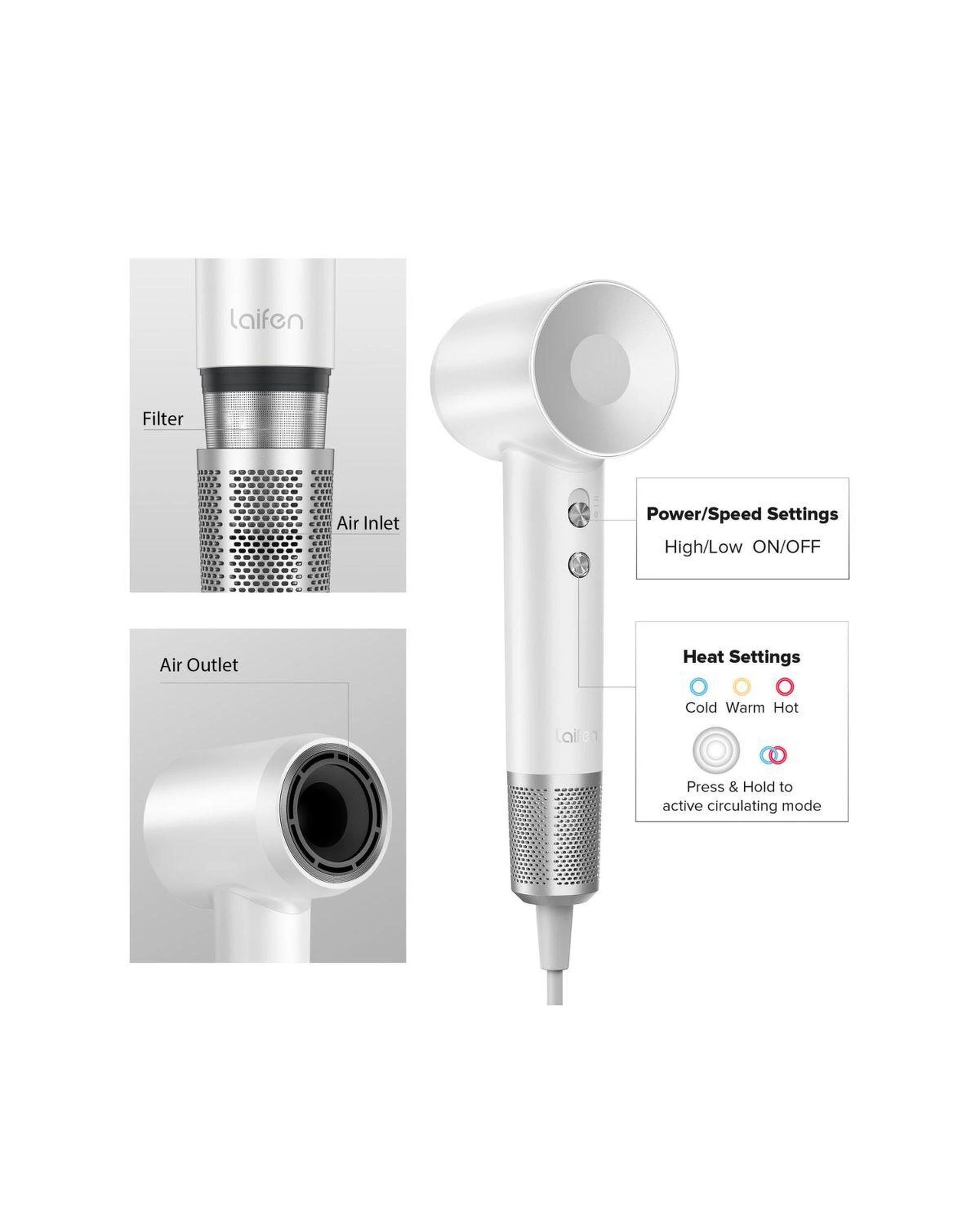 4 Laifen Swift Special High Speed Hair Dryer Pearl White 110000 RPM with 3 Styling Nozzles, 4 of 9