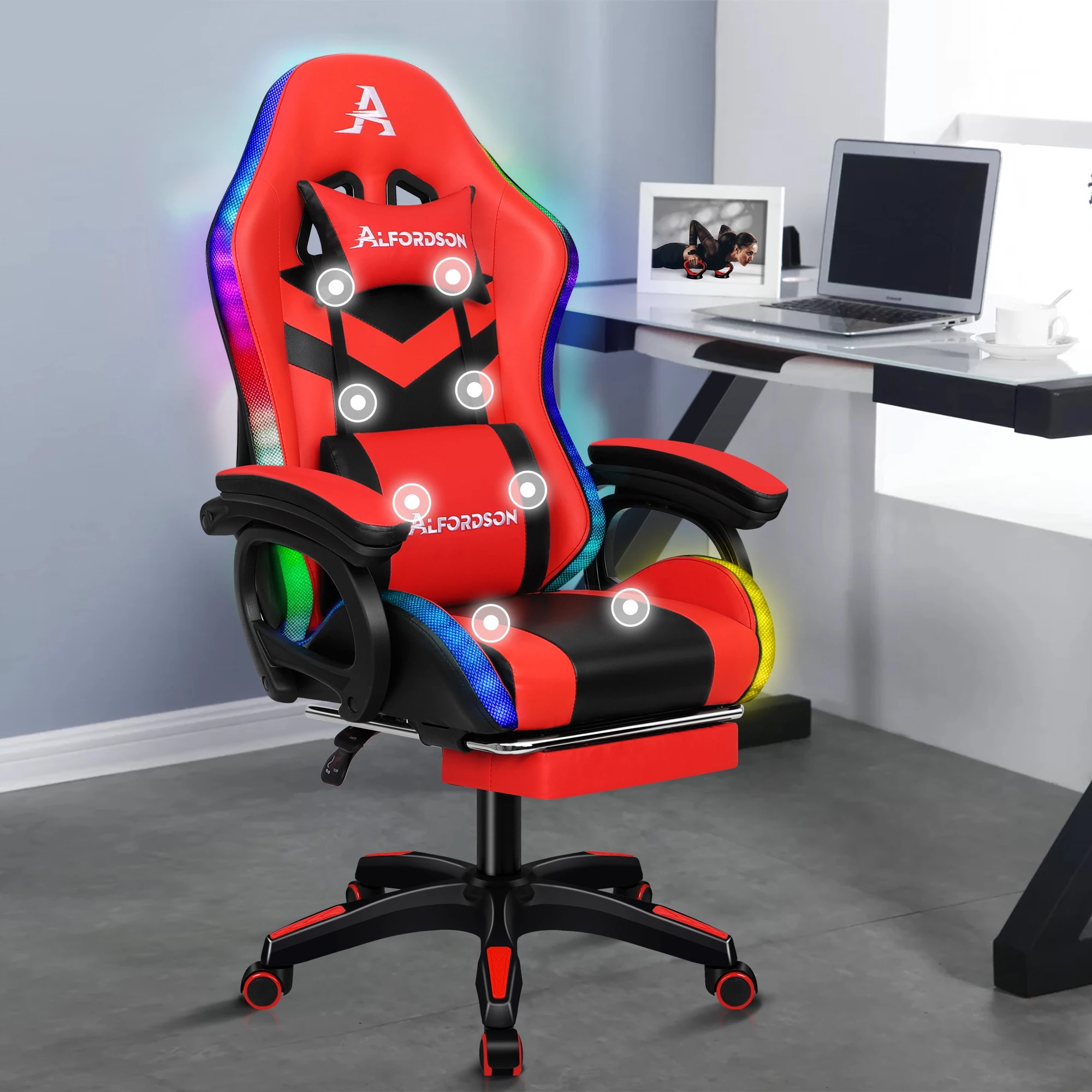 2 Alfordson Gaming Office Chair 12 RGB LED Massage Computer Seat Footrest - Red, 2 of 10