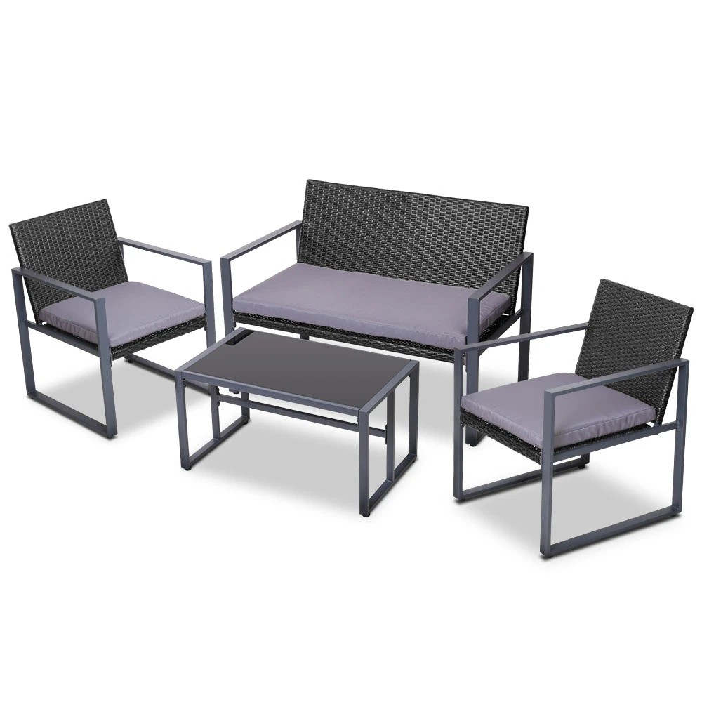 1 Gardeon 4 PCS Outdoor Sofa Set Rattan Furniture Glass Top Table Chairs - Black, 1 of 6