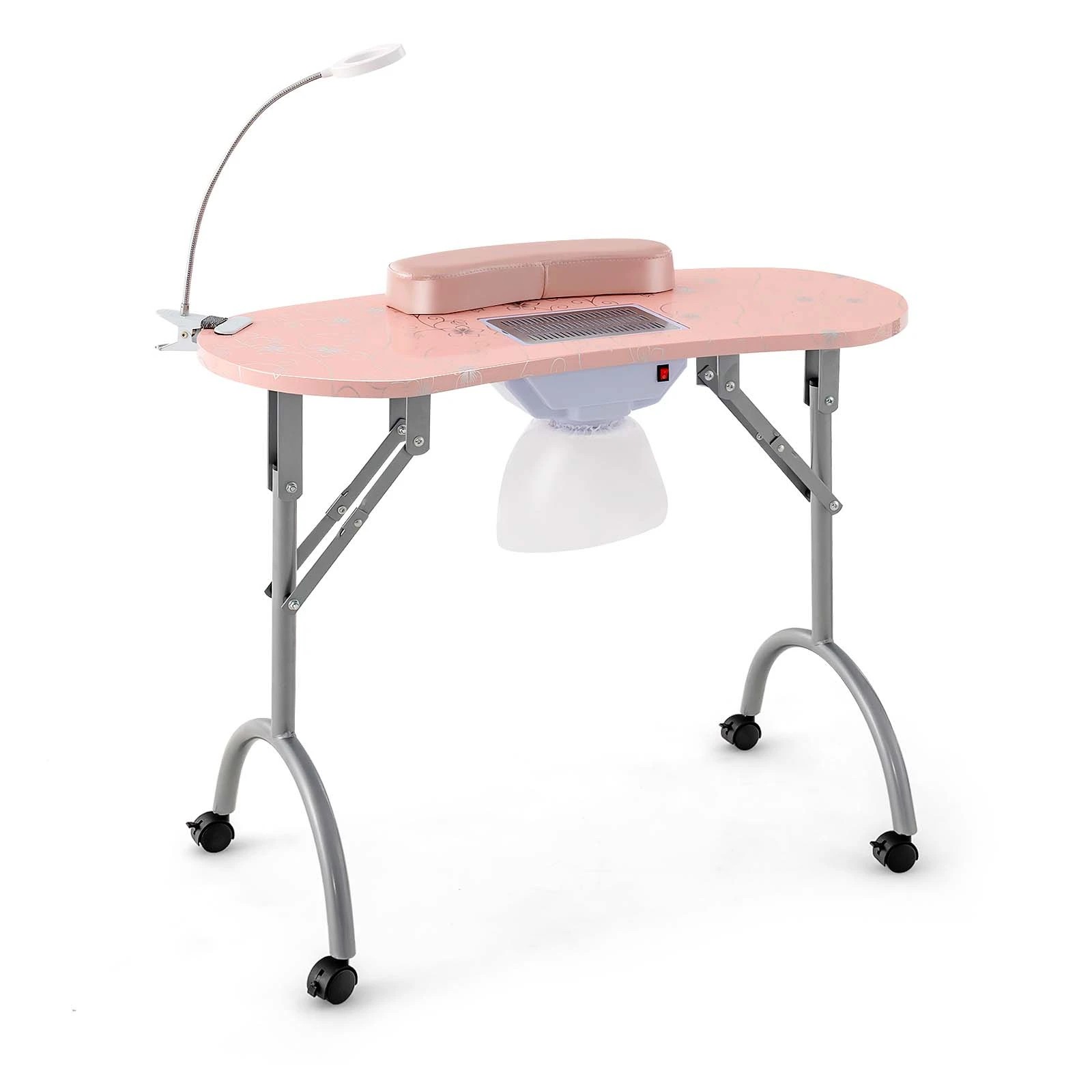 1 Costway Modern Manicure Nail Desk Folding Nail Care Table w/Dust Collectorm LED Lamp - Pink, 1 of 1
