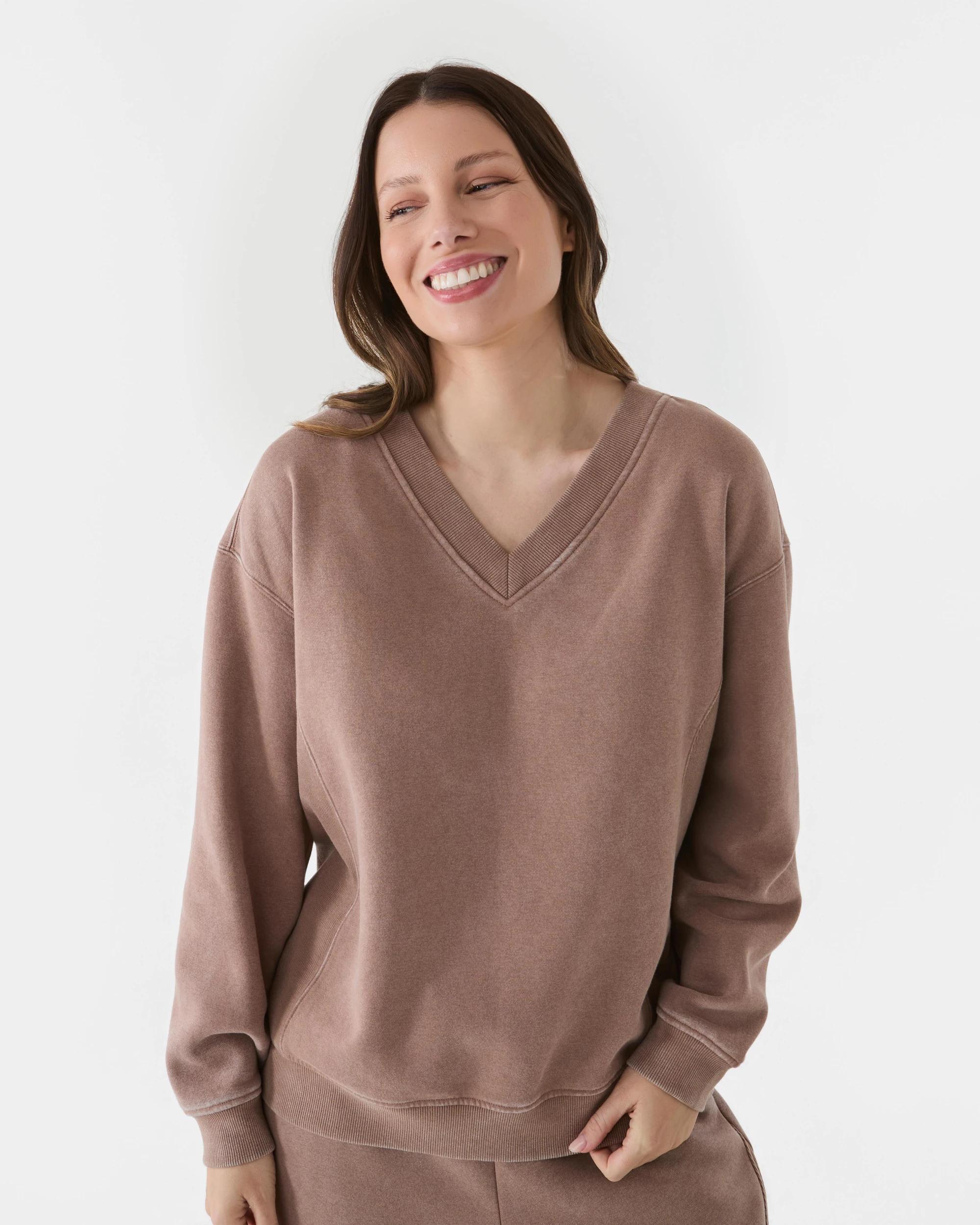 1 Washed V-Neck Ribbed Sweatshirt Snp Brn, 1 of 7