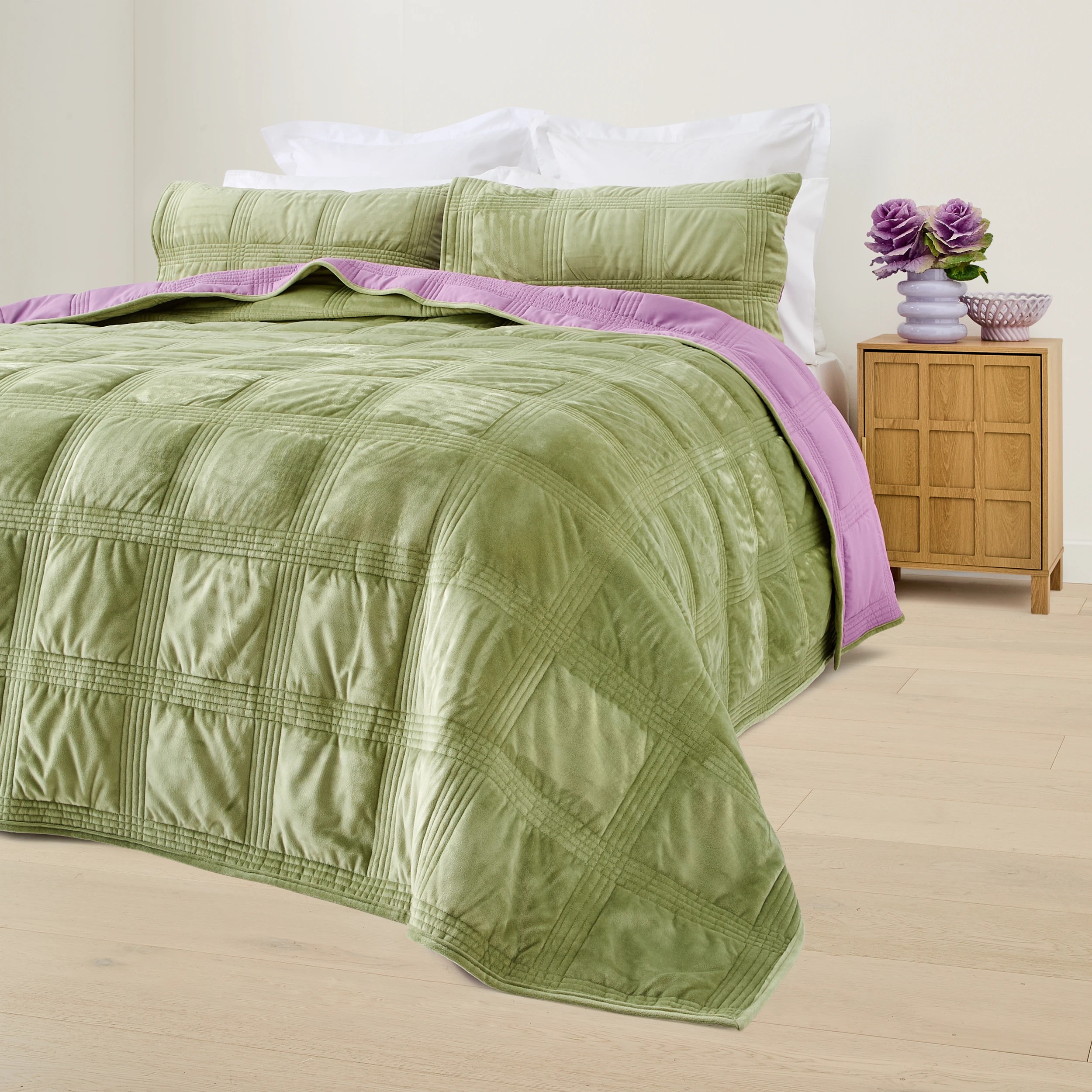 3 Velvet Reversible Coverlet Set - Queen/King Bed, Sage and Lilac, 3 of 9