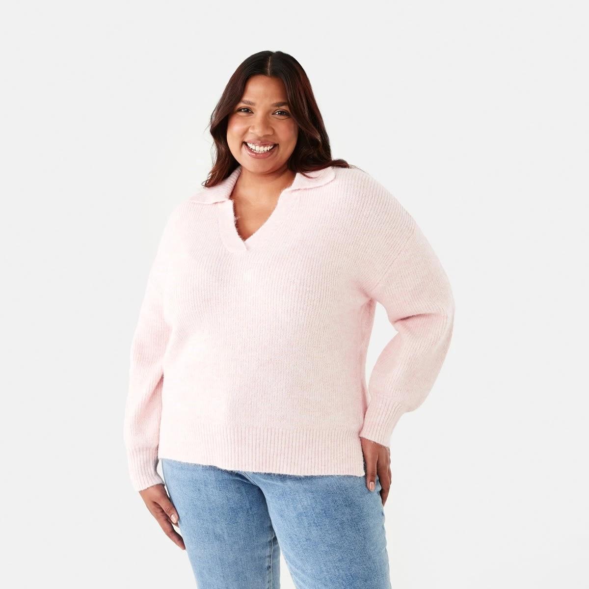 1 Curve Chunky Knit Polo Jumper Soft Pink, 1 of 6