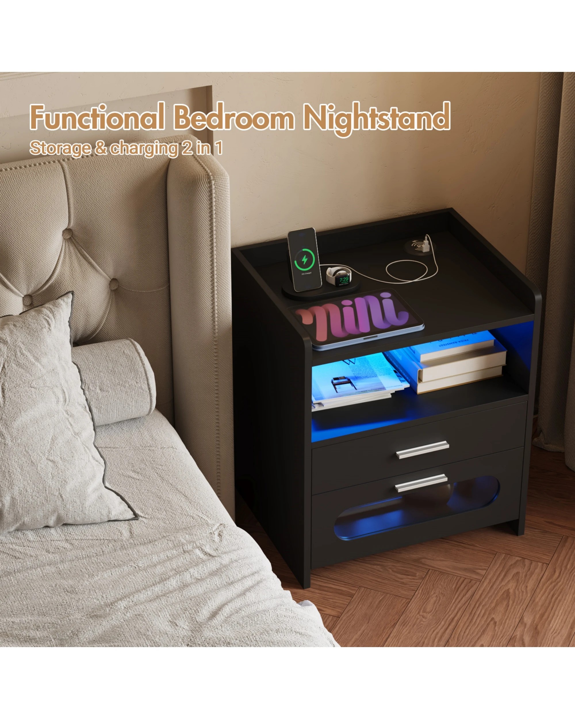 4 Advwin Bedside Table Wireless Charging Station Led Lights 2 Drawers Storage
 - Black, 4 of 9