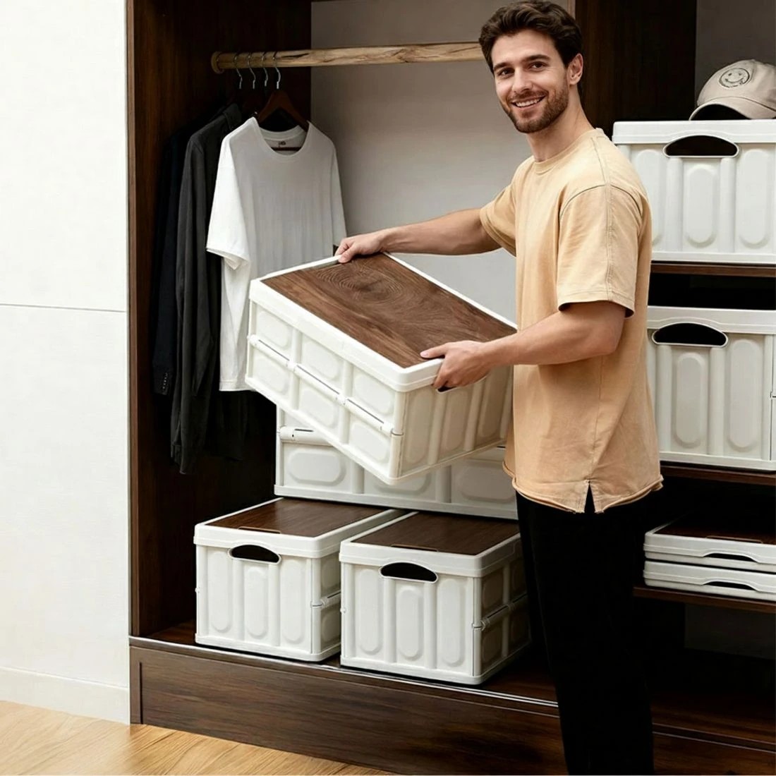 7 Gardeon Collapsible Outdoor Storage Box 50L Stackable Folding Camping Organizer Plywood Lid - Multi, 7 of 7