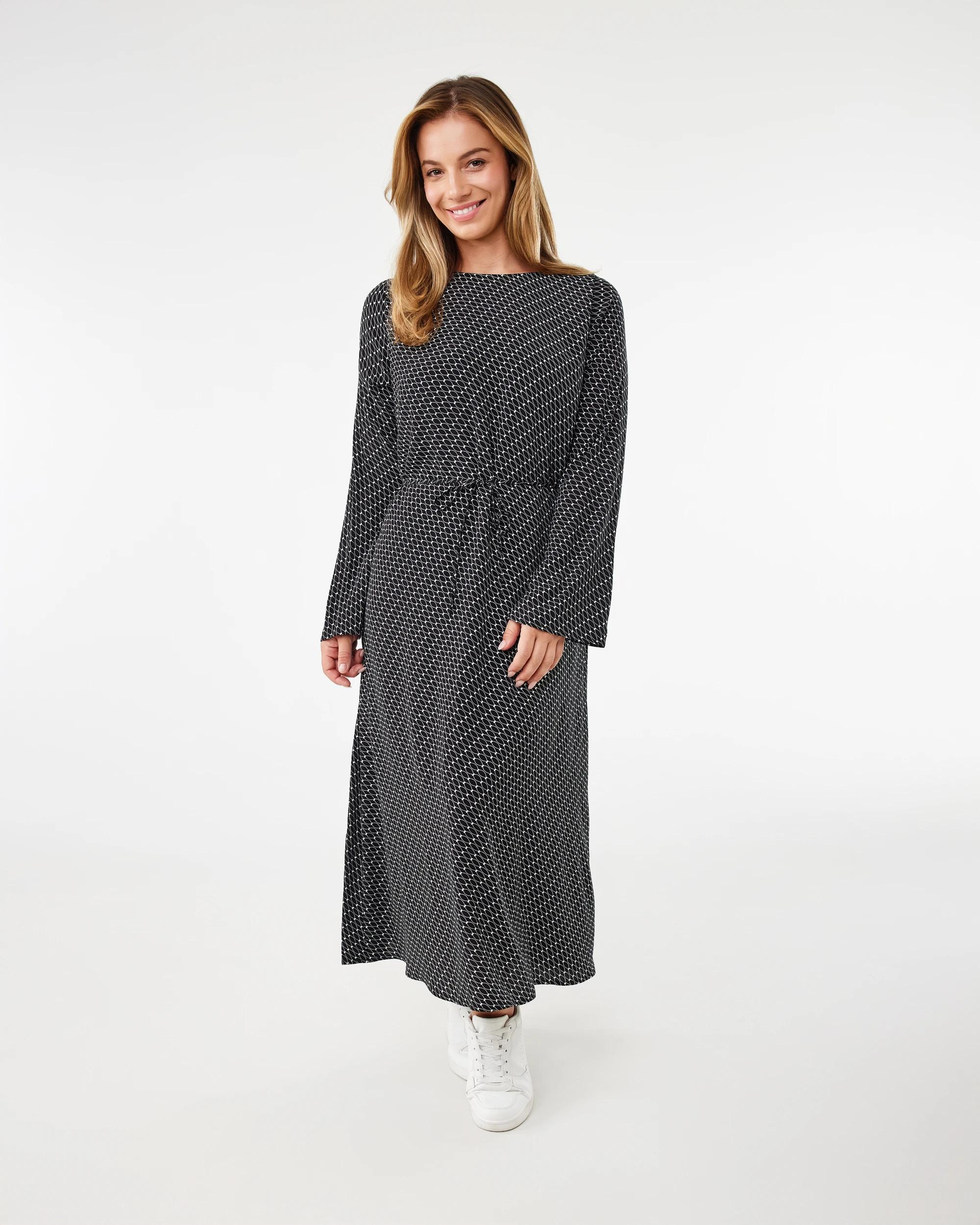 1 Long Sleeve Crepe Tie Waist Midi Dress Black Geo, 1 of 6