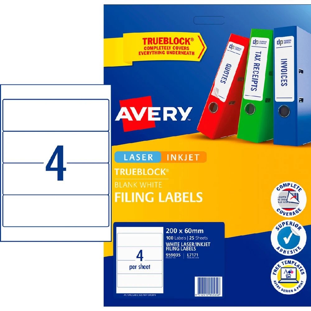 1 Avery 4UP Laser Lever Arch Labels White 25 Sheets, 1 of 7
