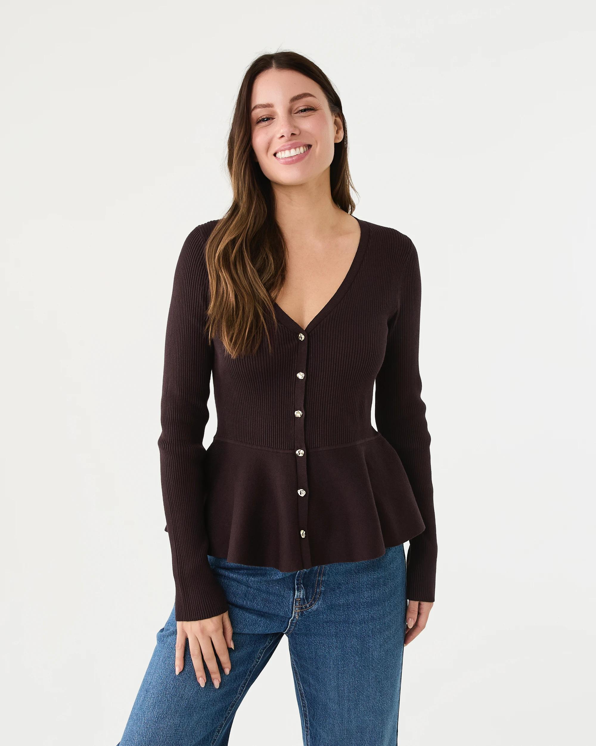 1 Long Sleeve Fitted Peplum Top Choc Plum, 1 of 8