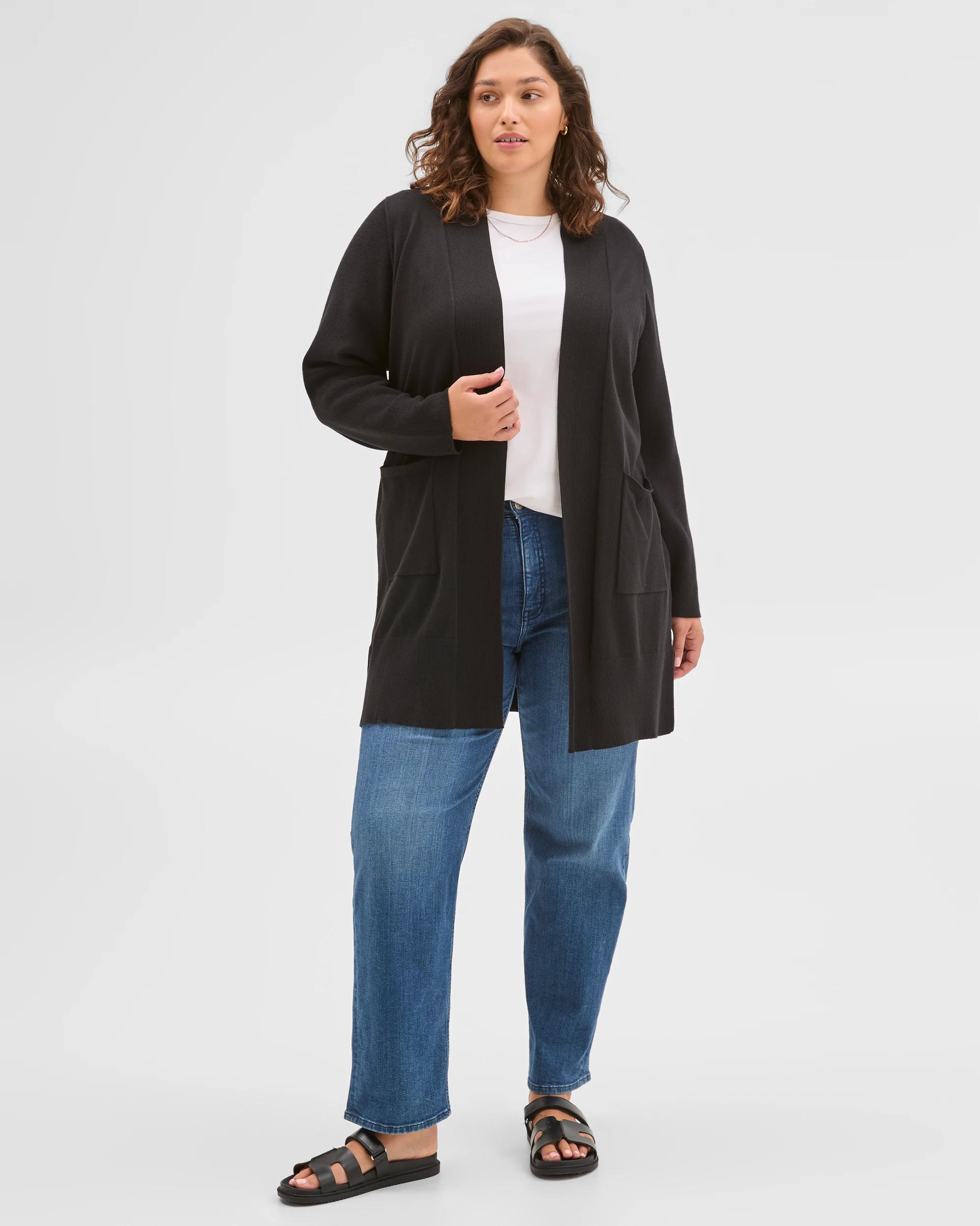1 Target Curve Curve Australian Cotton Blend Edge To Edge Longline Rib Cardigan BLACK, 1 of 6