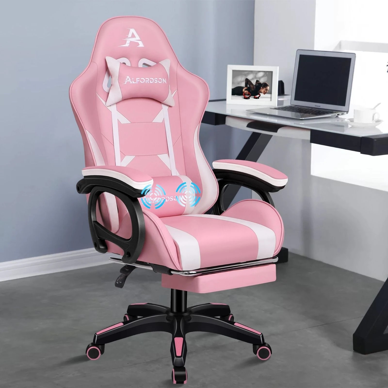 10 Alfordson Gaming Office Chair Massage Racing Computer Seat Footrest Leather - Pink, 10 of 10
