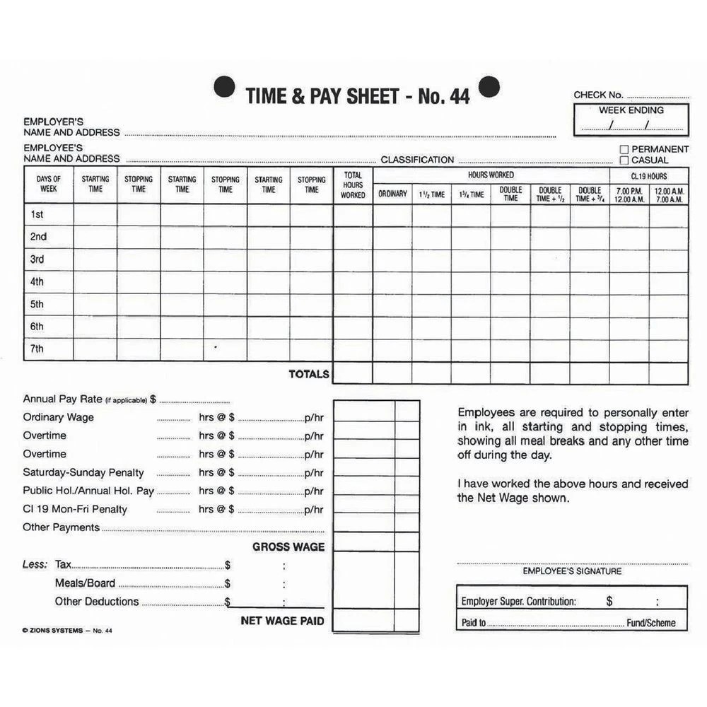 1 Zions No. 44 Time and Pay Sheets 100 Pack, 1 of 1