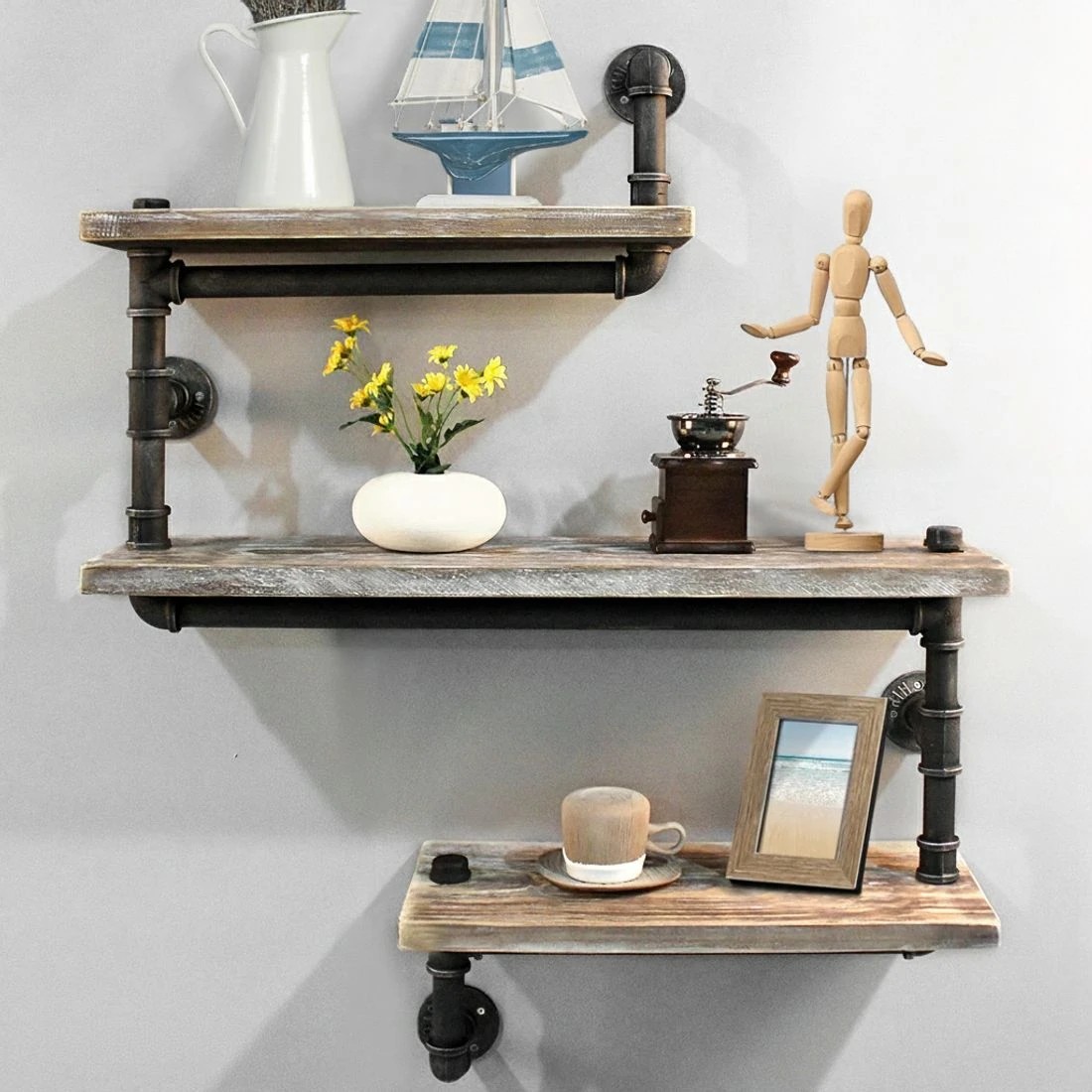 8 Artiss Floating DIY Pipe Shelf 3 Tiers - IONA - Natural, 8 of 8