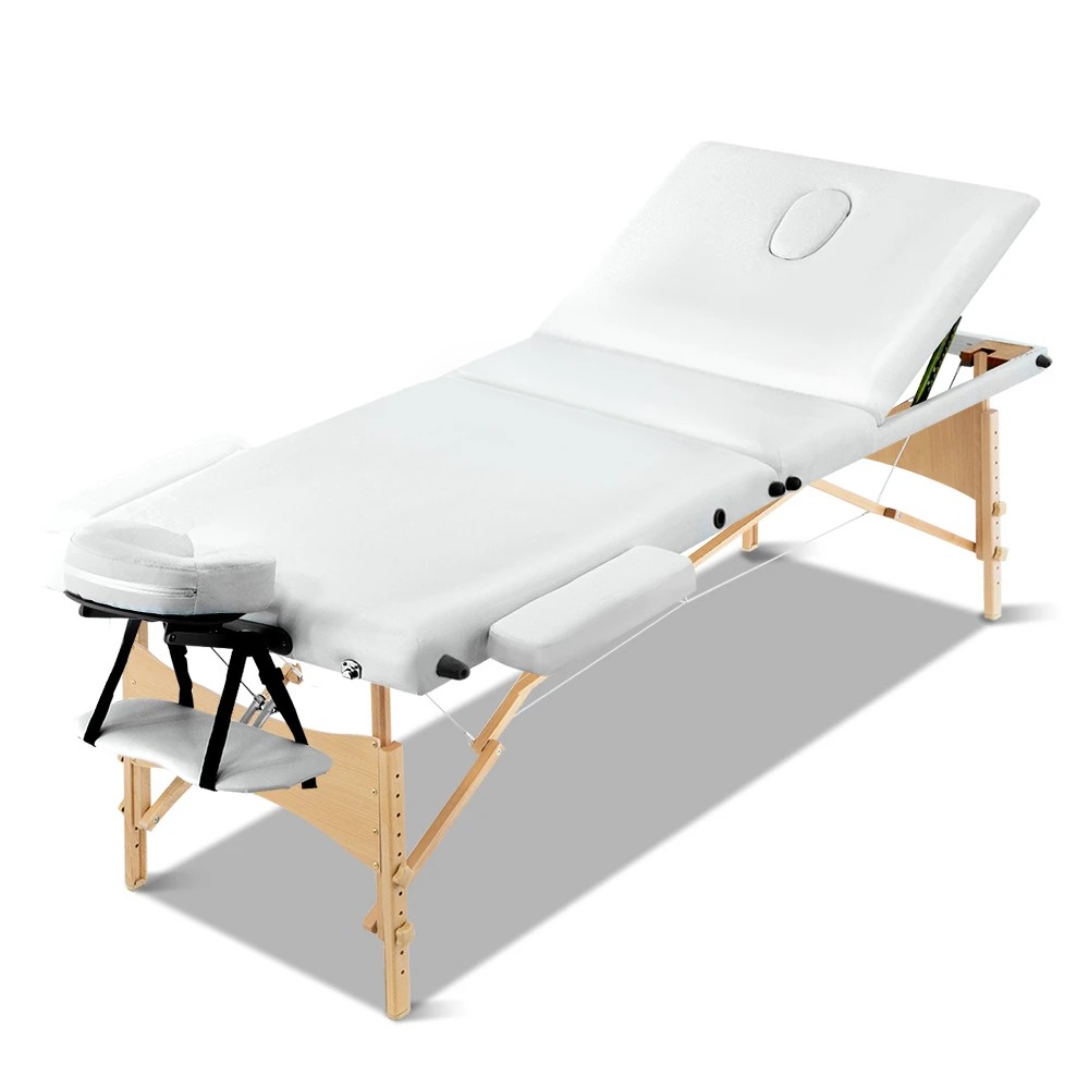 1 Zenses Massage Table 70cm Portable 3 Fold Wooden Beauty Bed - White, 1 of 8