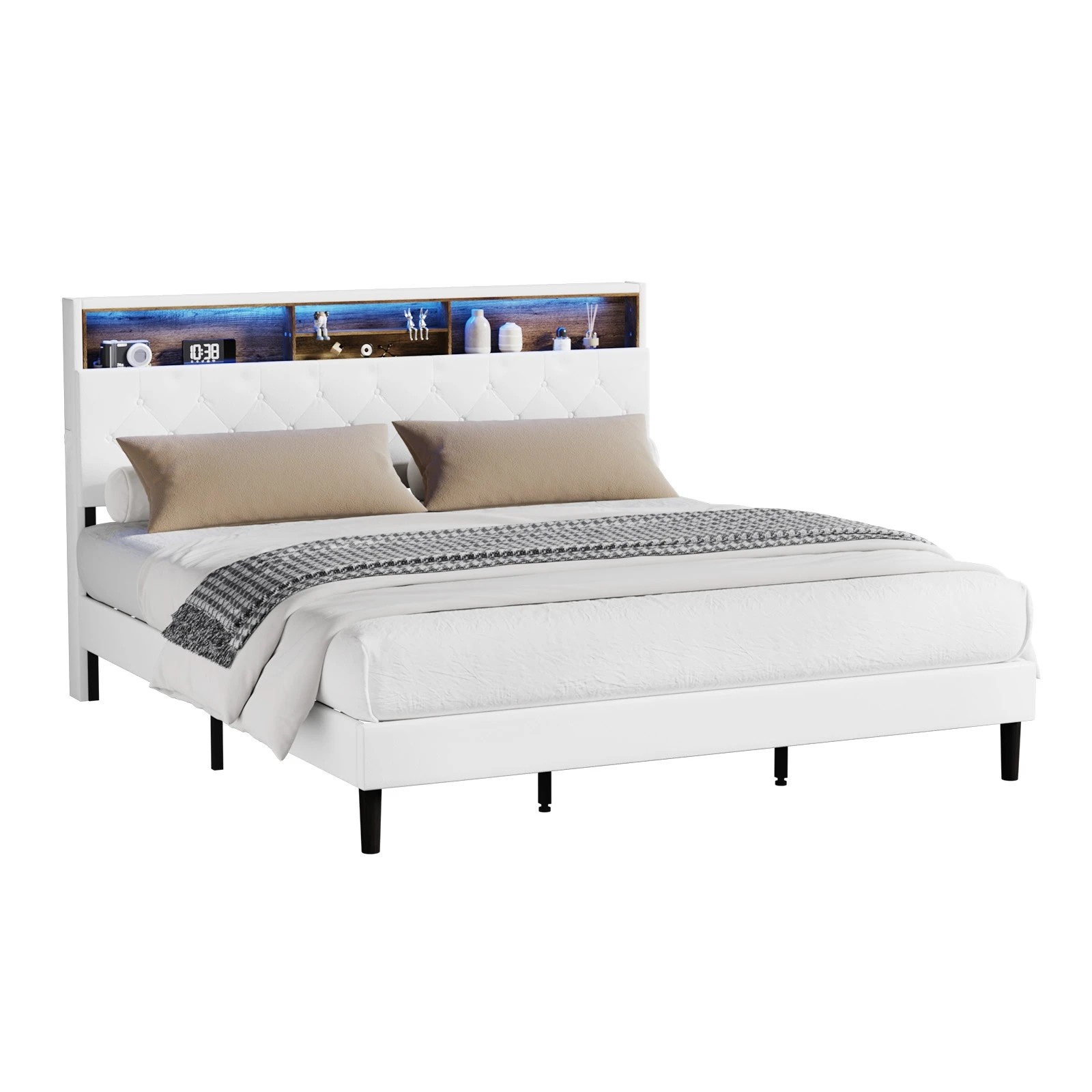 1 Oikiture Bed Frame King Size with LED Storage Bedhead - White, 1 of 9