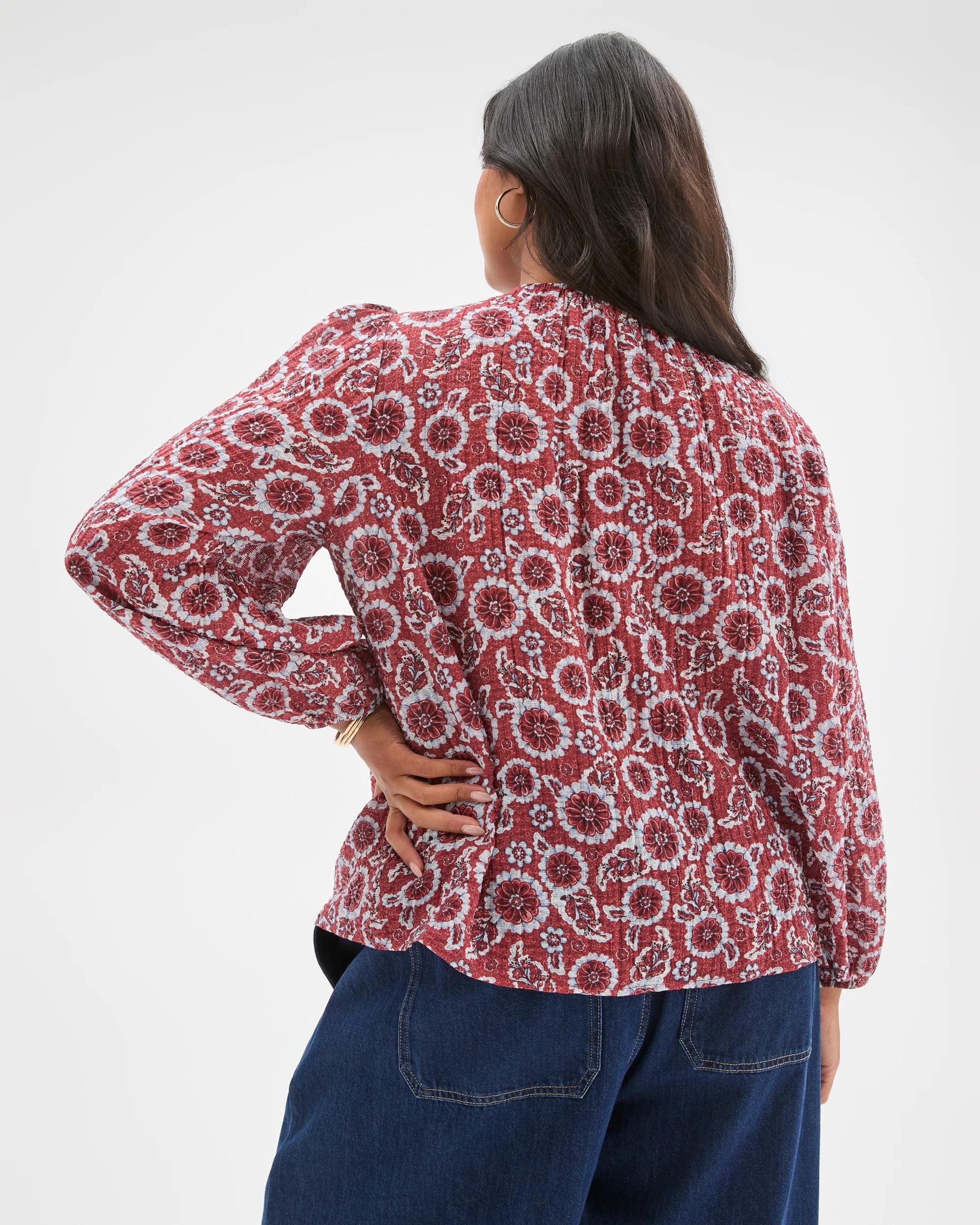 5 Target Curve Plus Size Long Sleeve Printed Gather Detail Blouse RED FLORAL, 5 of 6