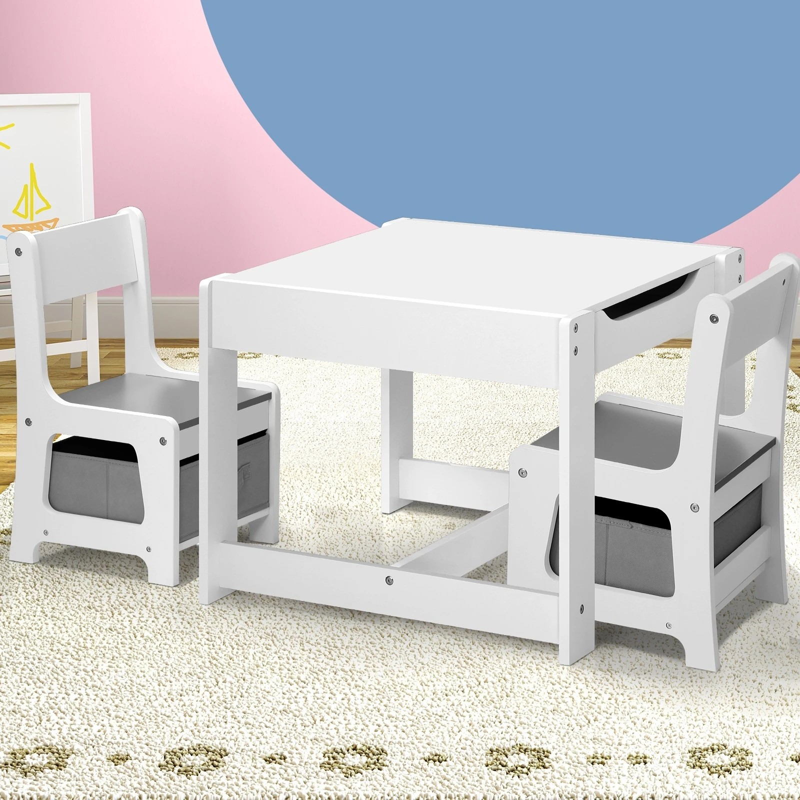 2 Oikiture Kids Table And Chairs Set Activity Play Study Desk W/ Toys Storage Box
 - Grey, 2 of 9