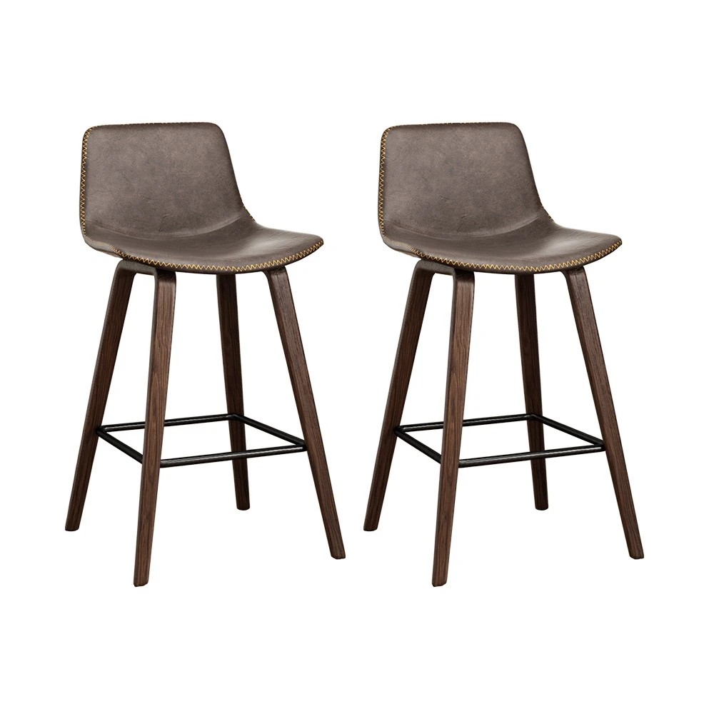 1 Artiss 2x Bar Stools Vintage Leather Wooden - Brown, 1 of 8