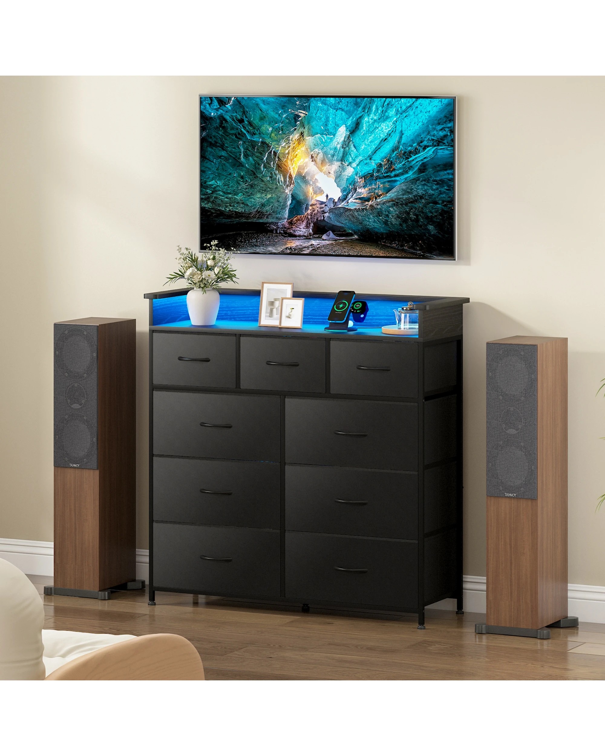 3 Advwin 9 Drawers Dresser with Open Shelf Storage Charging Station & LED Lights - Black, 3 of 8