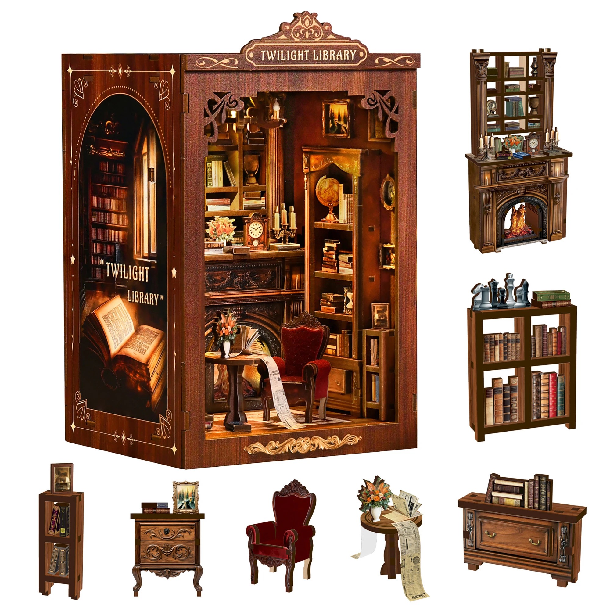 5 Bo Peep Book Nook Kit For Adults Miniature Bookstore Model with Warm LED Walnut, 5 of 8