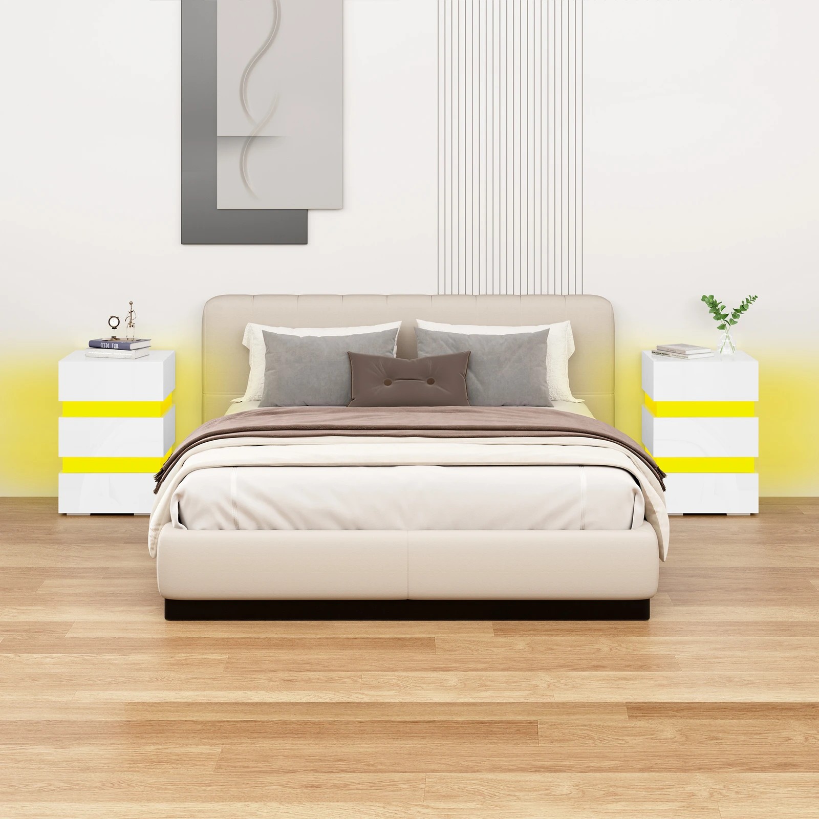 3 Alfordson Bedside Table RGB LED Nightstand 3 Drawers 4 Side High Gloss - White, 3 of 10