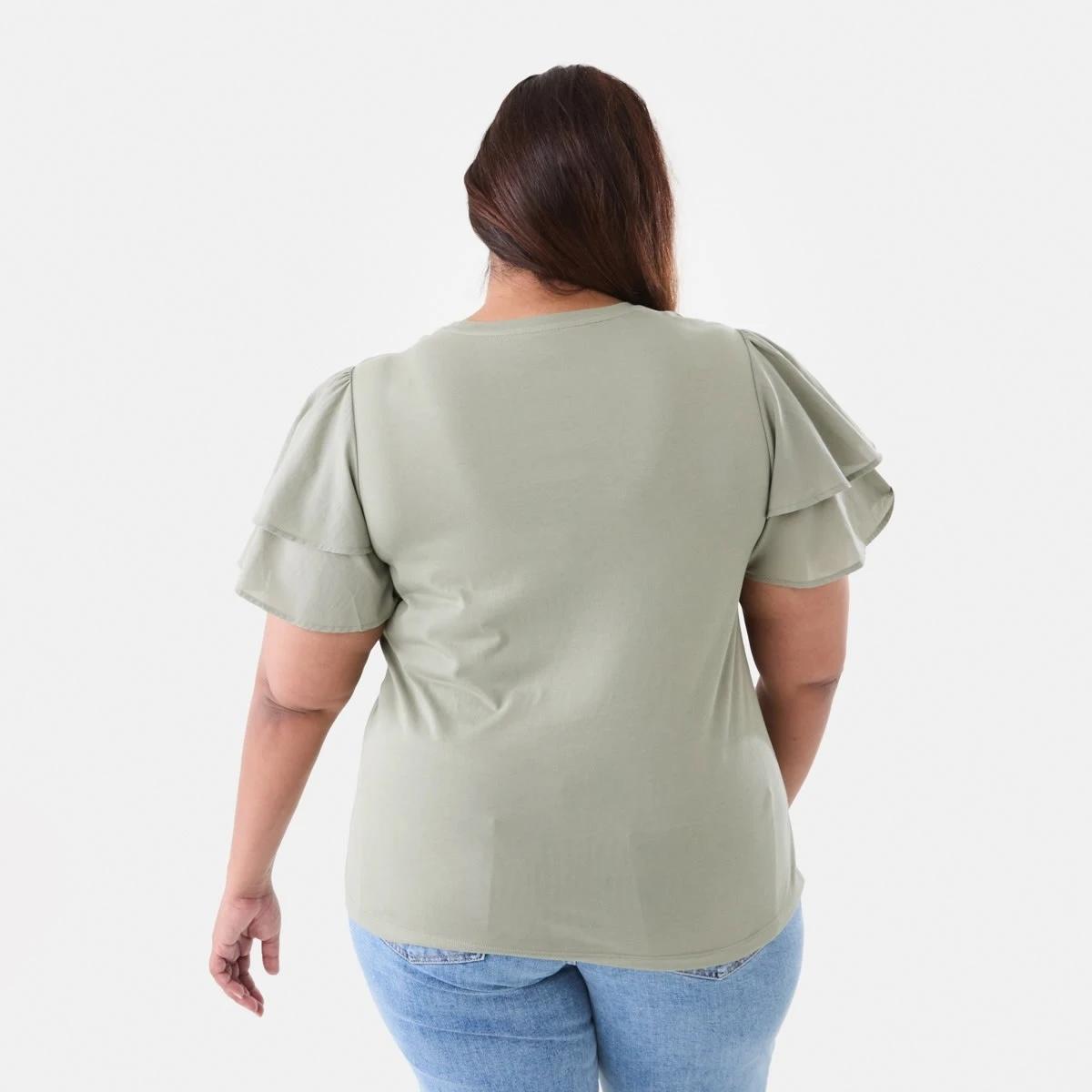 3 Curve Short Woven Sleeve Knit Top Soft Khaki, 3 of 6