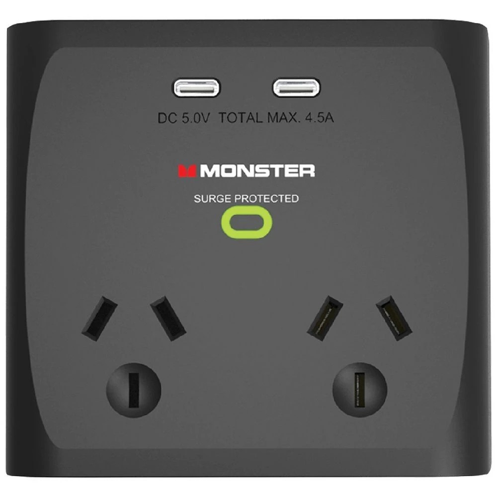 1 Monster 2 Socket USB Surge Protector Black, 1 of 1