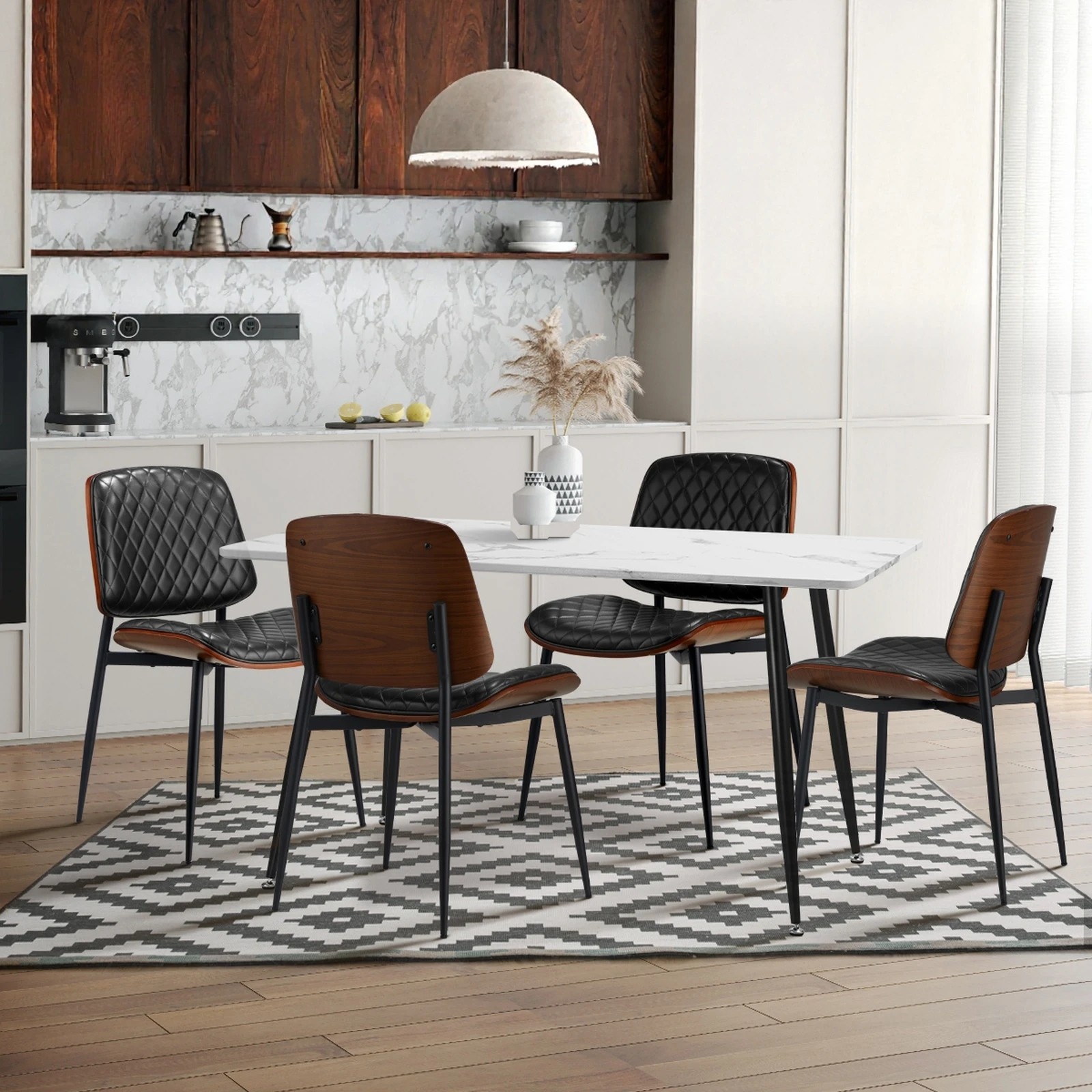 3 Oikiture 2x Dining Chairs Retro Faux Leather Solid Beech Wood Metal Legs
 - Black, 3 of 10