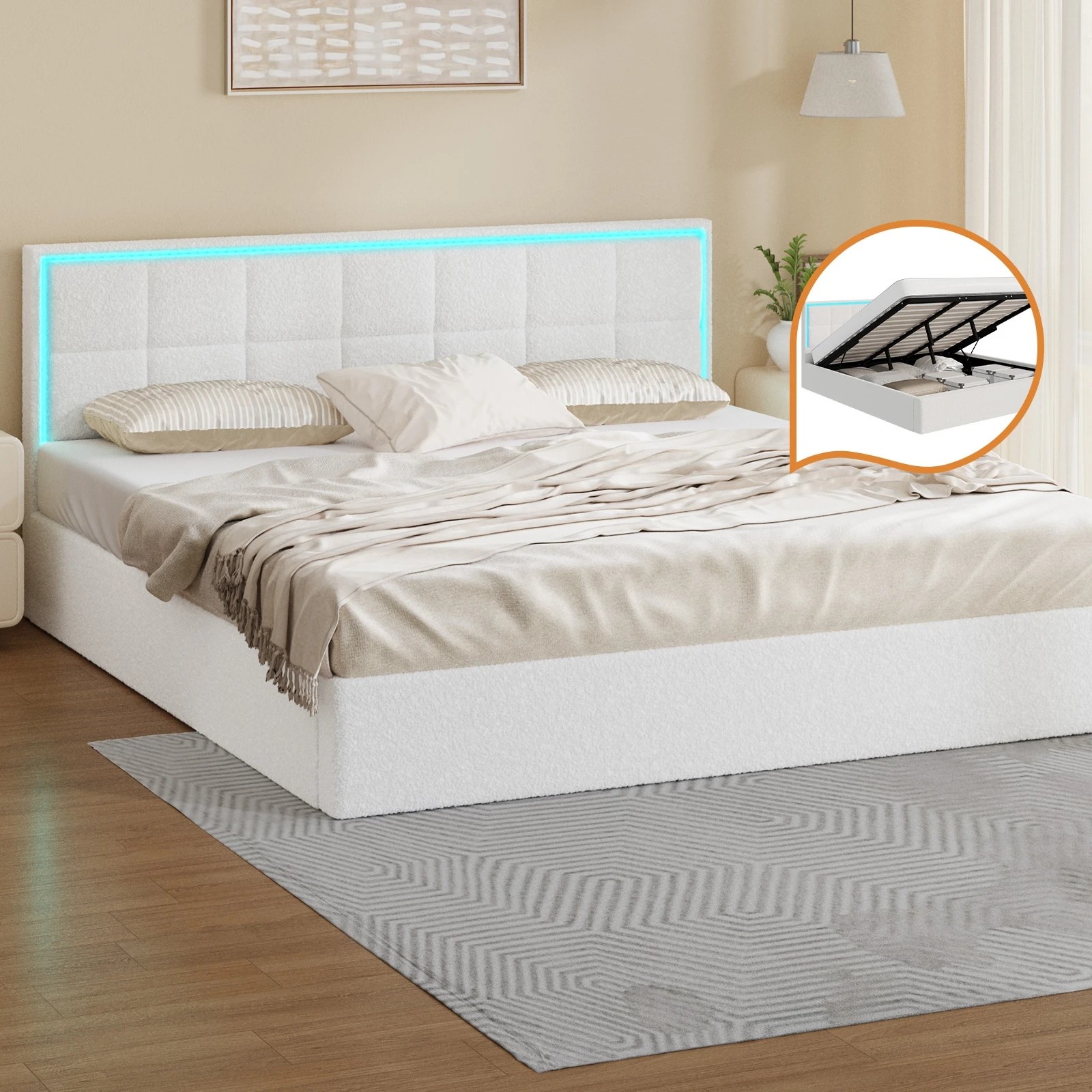 3 Oikiture Bed Frame King Size RGB LED Gas Lift Storage Base Boucle - White, 3 of 9