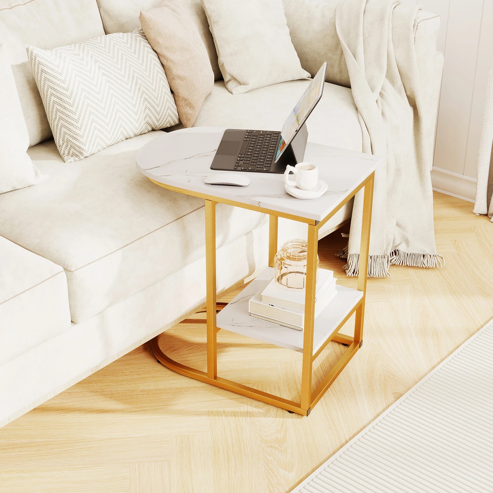 2 Costway C-shaped End Table Modern Sofa Side Table w/Faux Marble Tabletop & Storage Shelf, 2 of 3