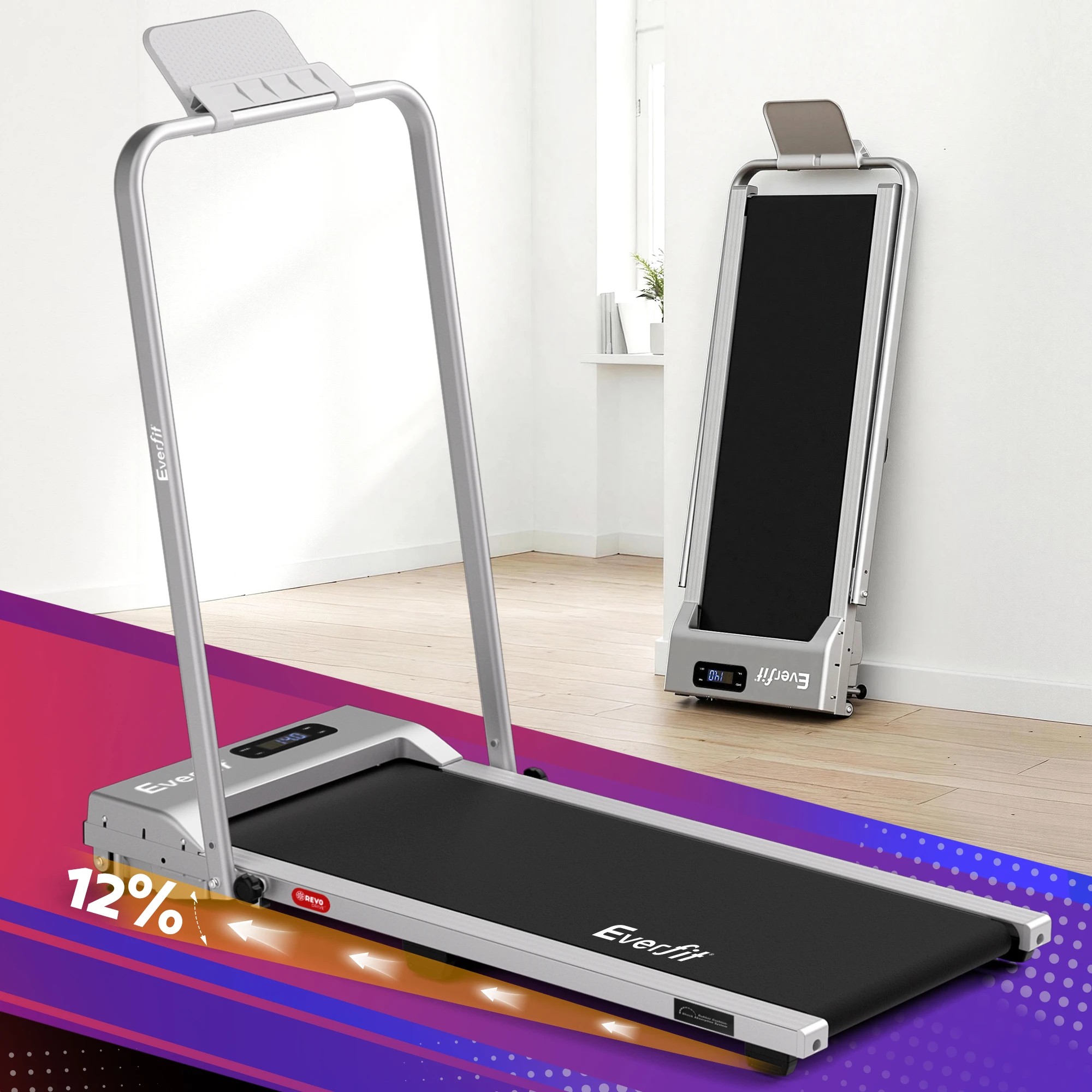 2 Everfit 3 in 1 Walking Pad Treadmill 12% Incline Under Desk Foldable Treadmills for Home 38cm - Silver, 2 of 9