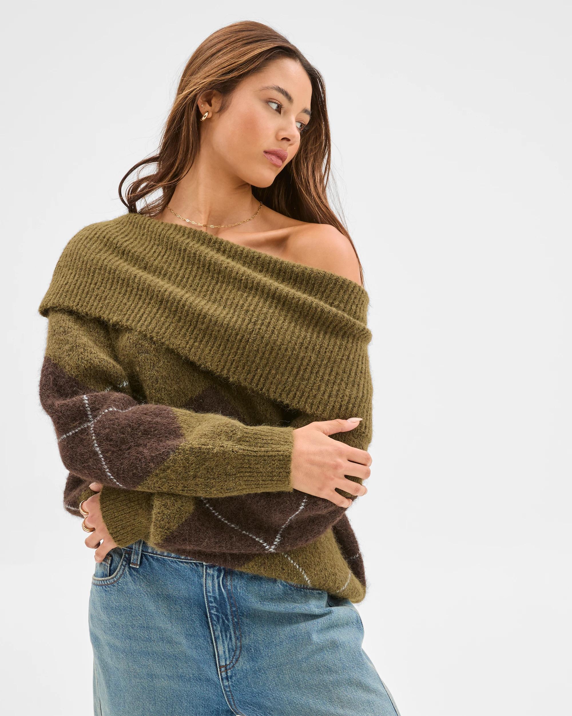 4 Lily Loves Fold Neck Argyle Jumper DEEP MOSS, 4 of 6