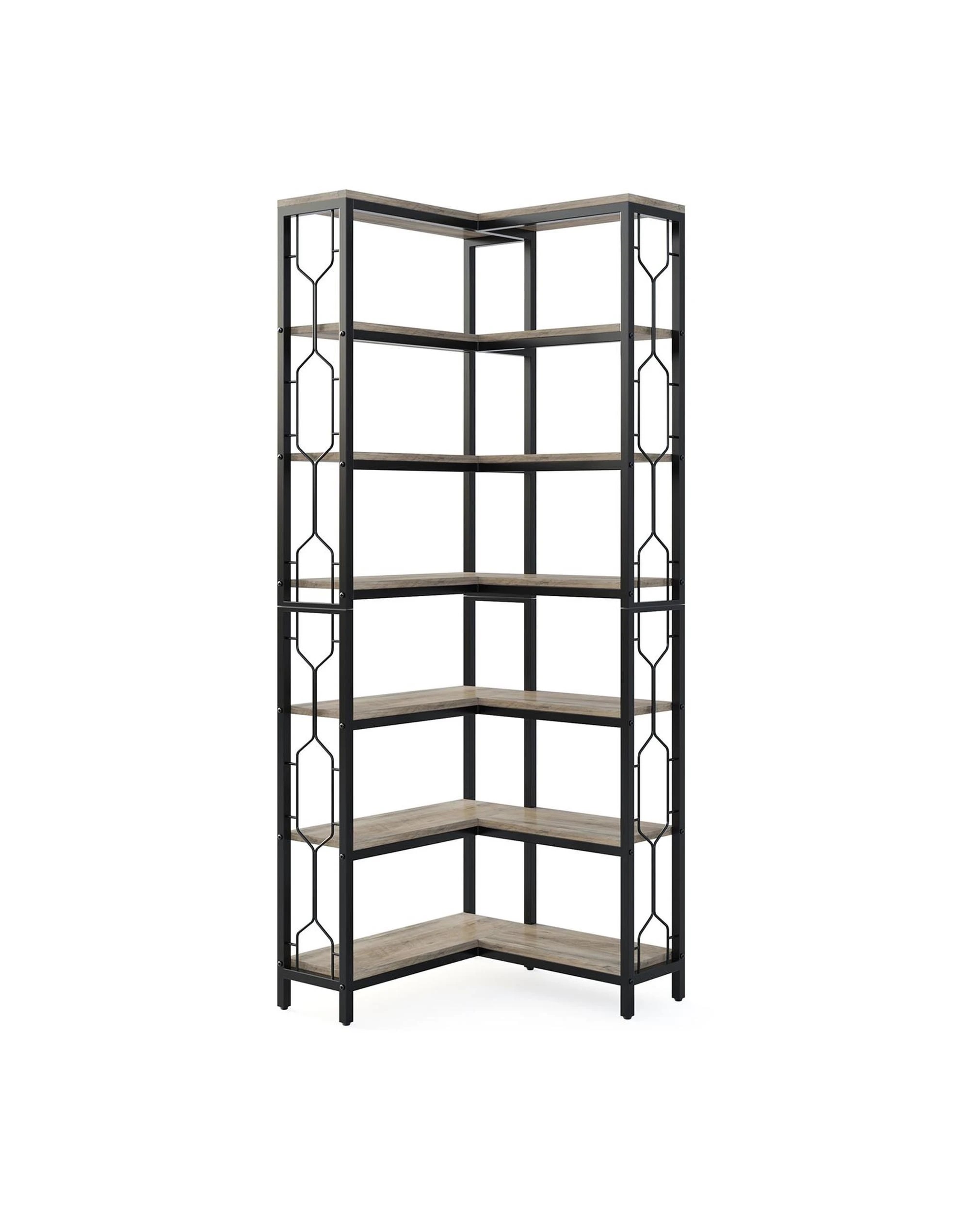 1 OAKORY 200cm L-Shaped Corner Shelf, Freestanding 7-Shelf Bookshelf, Metal Frame Display Rack, 1 of 6