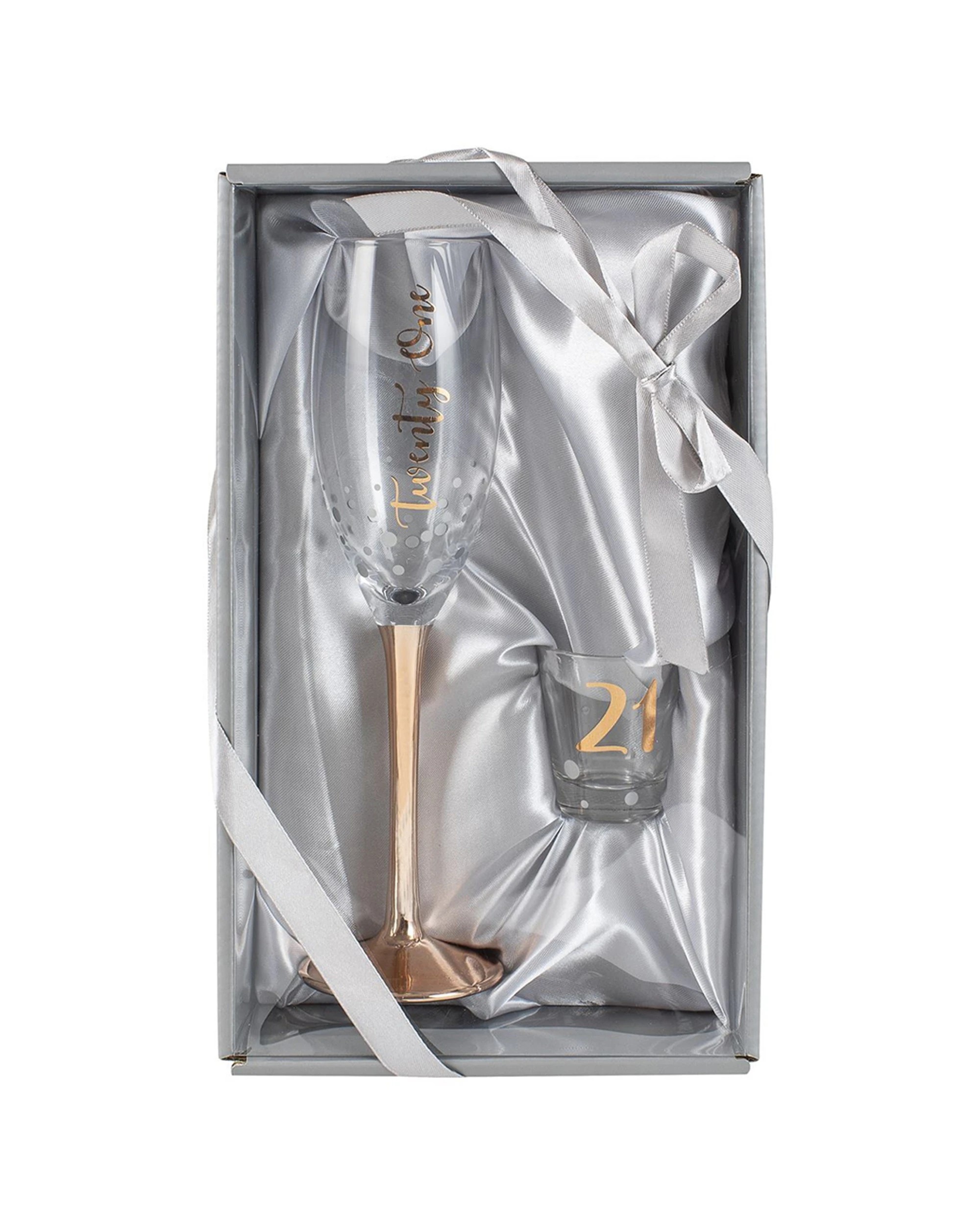 3 Twenty One Rose Gold Champagne Glass & Shot Glass Set Drinking Cups Gift Box Set
 - Gold, 3 of 3