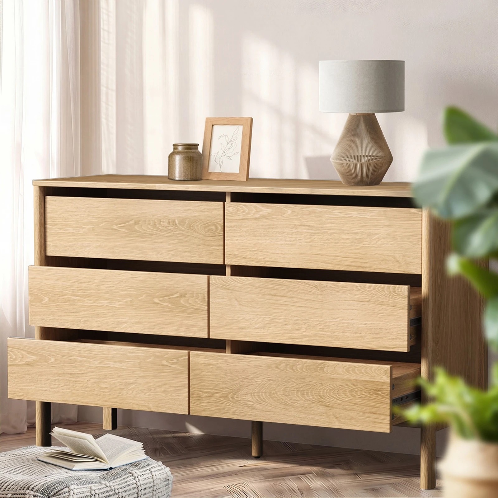 4 Oikiture 6 Chest Of Drawers Dresser Lowboy Storage Handle-Free Bedroom - Natural, 4 of 8