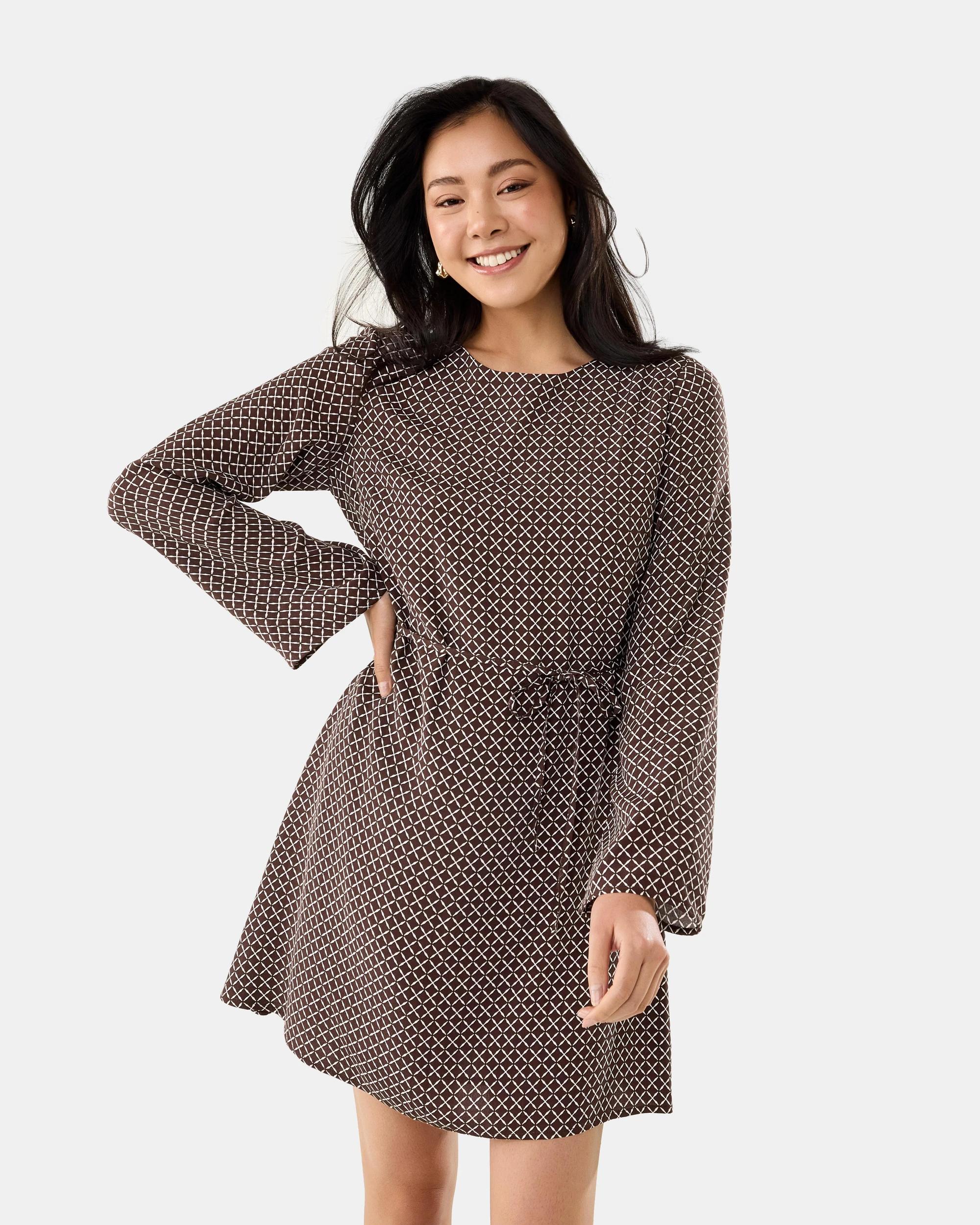 1 Long Sleeve Crepe Tie Mini Dress Mono Tile, 1 of 9