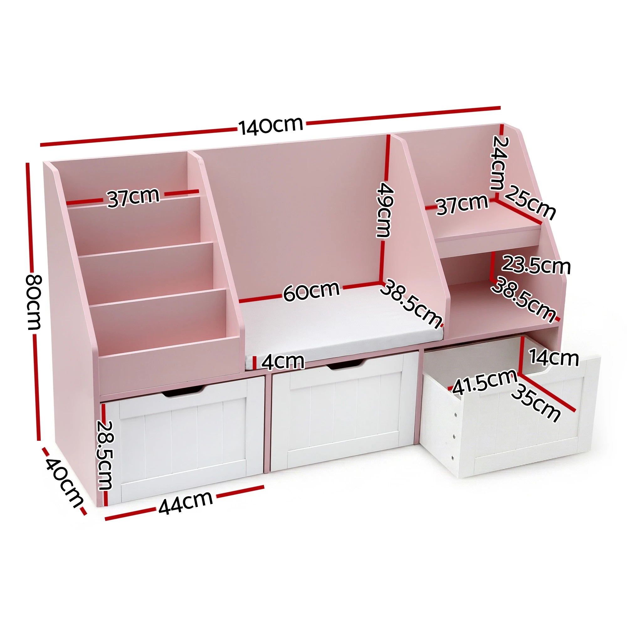 3 Keezi Kids Bookshelf Storage Organiser Toy Box Drawer Bench Seat Cabinet - Pink, 3 of 9