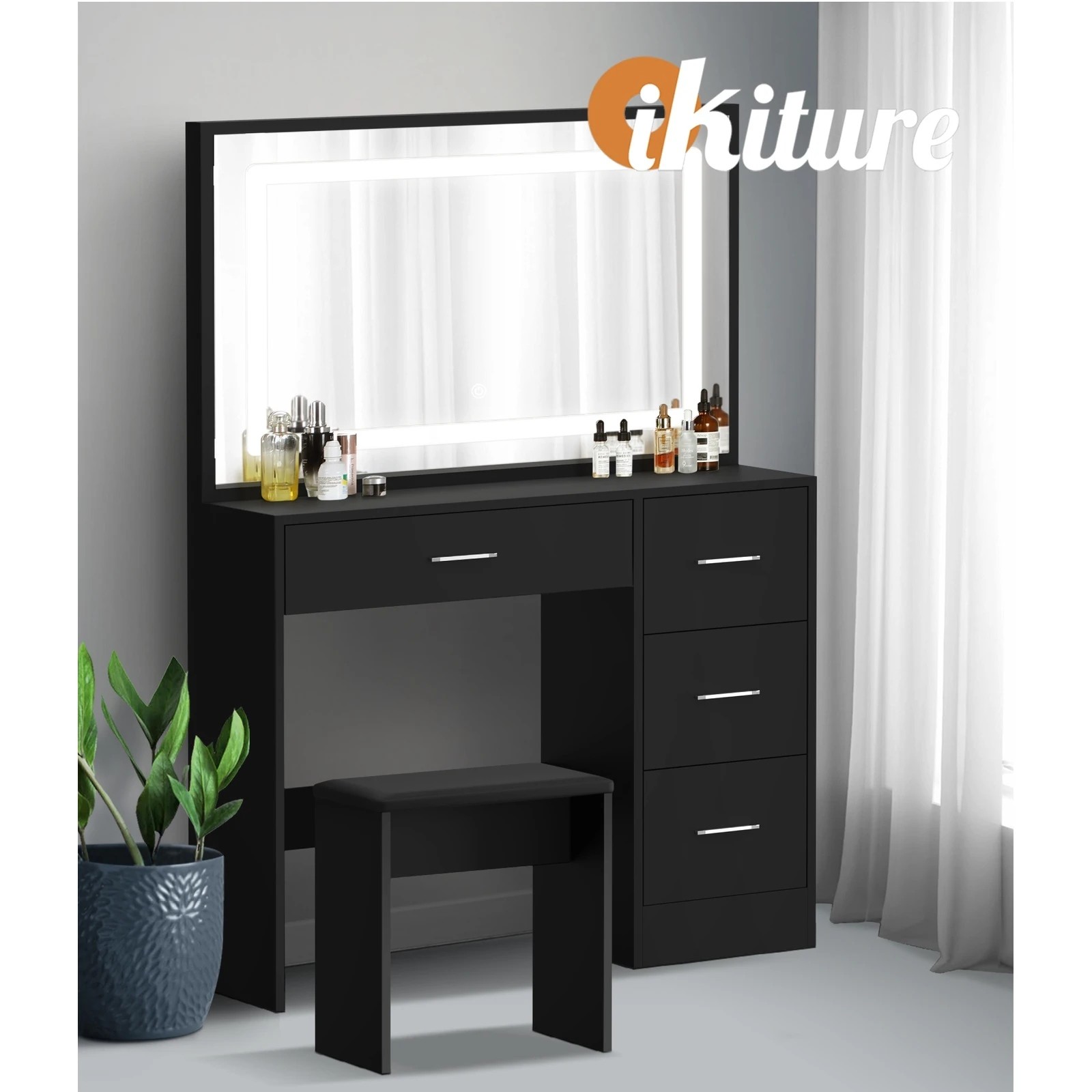 6 Oikiture Dressing Table Stool Set Large Makeup Mirror Led Light Vanity
 - Black, 6 of 9