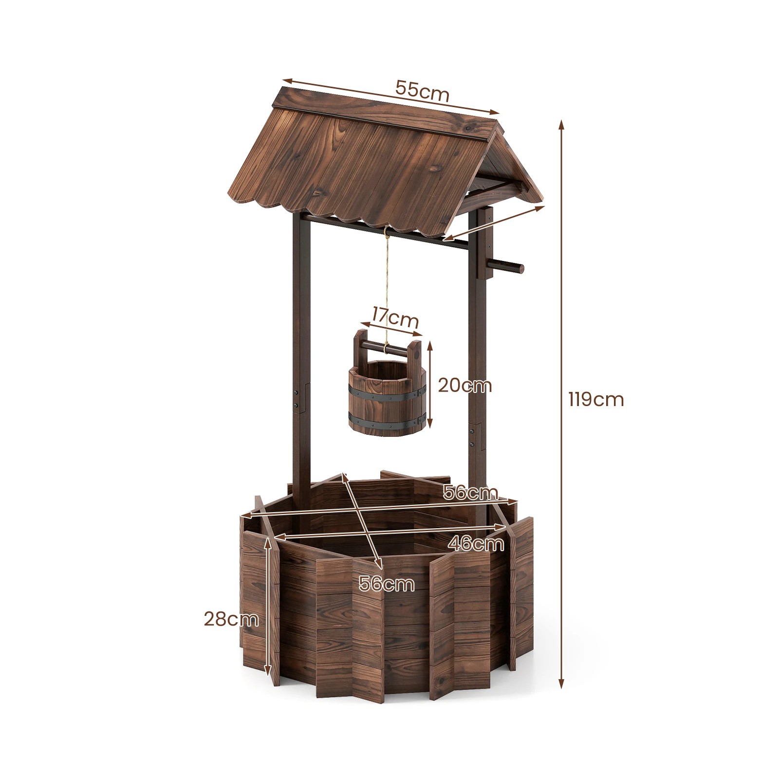 4 Costway Garden Wood Wishing Well Bucket Outdoor Rustic Well w/Hanging Bucket Planter, 4 of 4