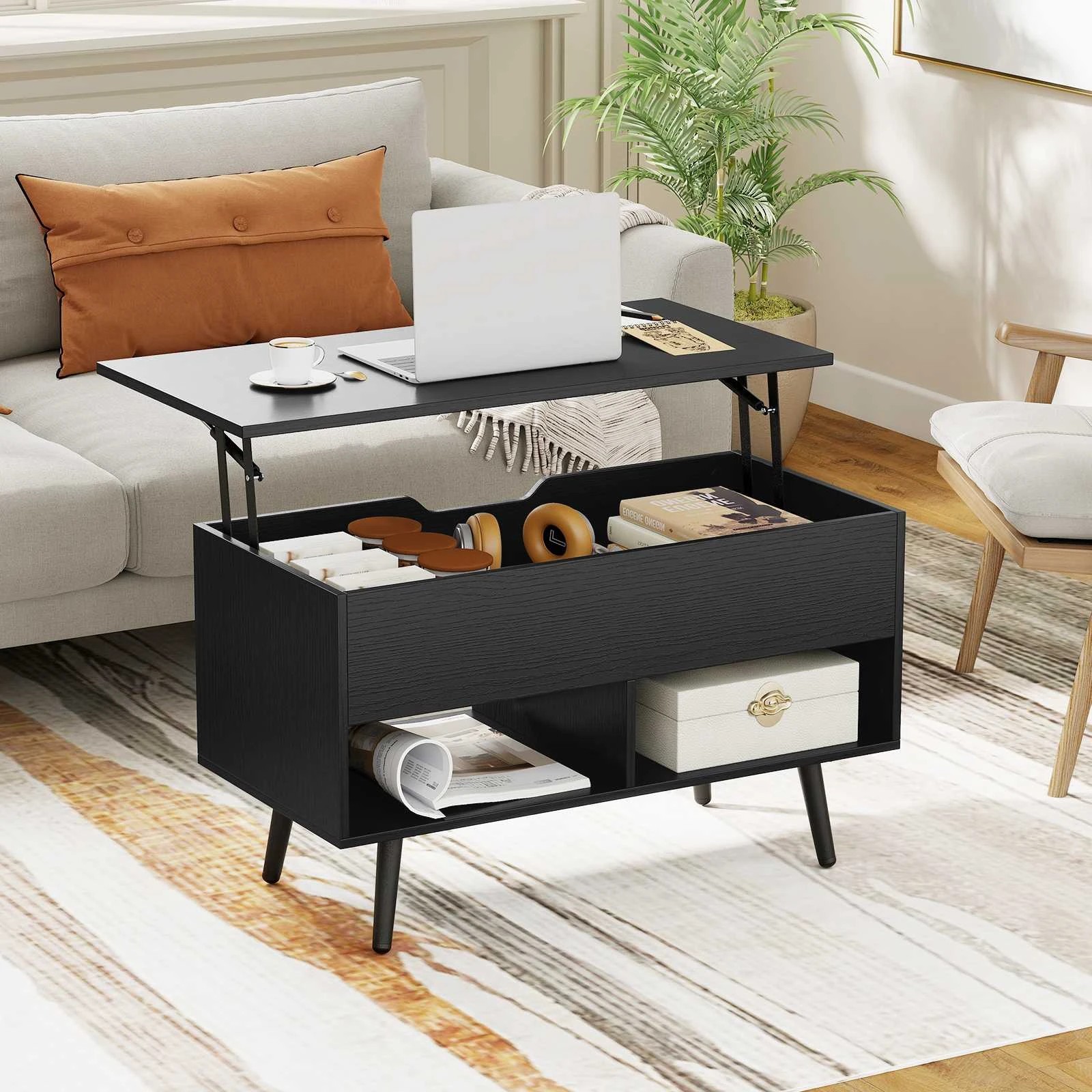 3 Costway 80cm Lift Top Coffee Table Modern Dining Table w/Hidden Storage Compartment - Black, 3 of 5