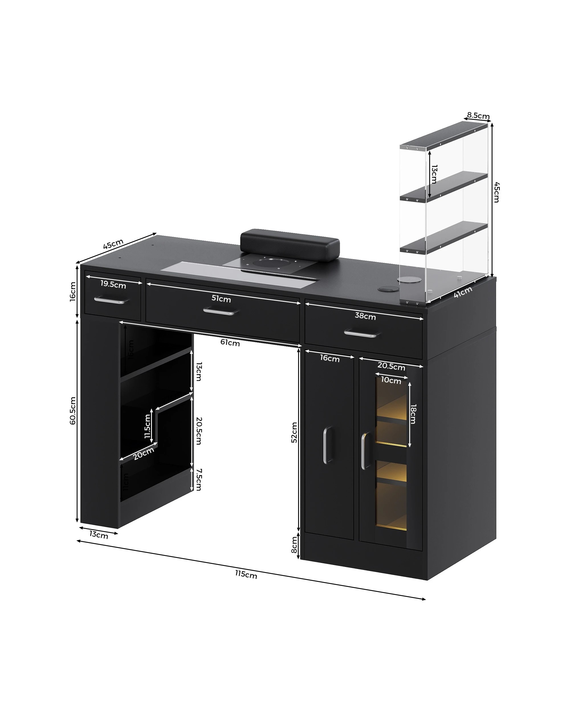 2 Advwin Vanity Nail Desk Manicure Table w/Glass Top Drawer Dust Collector Wireless Charging LED Light - Black, 2 of 10