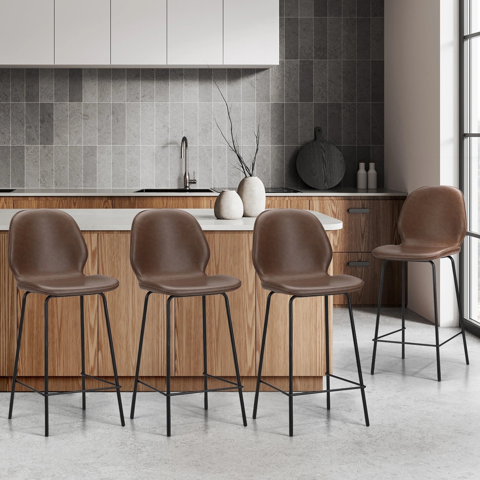 3 Oikiture 4PCS Bar Stools Kitchen Counter Chair Metal - Brown, 3 of 9