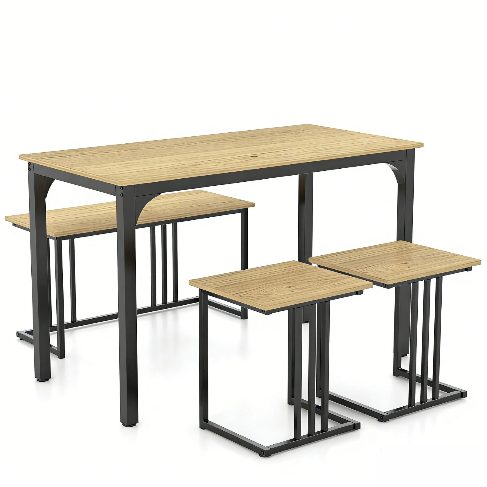 1 Costway 4PCS Dining Table Chair Set Industrial Metal Frame Table Bench & Stool - Natural, 1 of 4