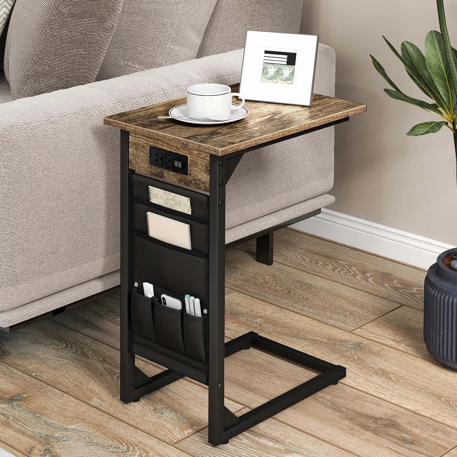 2 Costway 2 x C-Shaped Side End Table w/2 USB Ports & 1 Outlets, 2 of 10