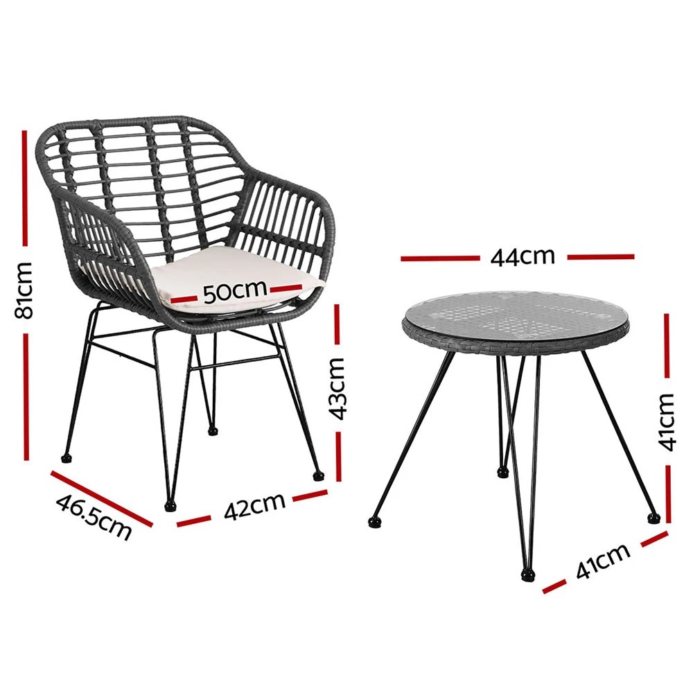 2 Gardeon 3PC Outdoor Furniture Bistro Set Lounge Setting Table Chairs Cushion Patio - Grey, 2 of 6