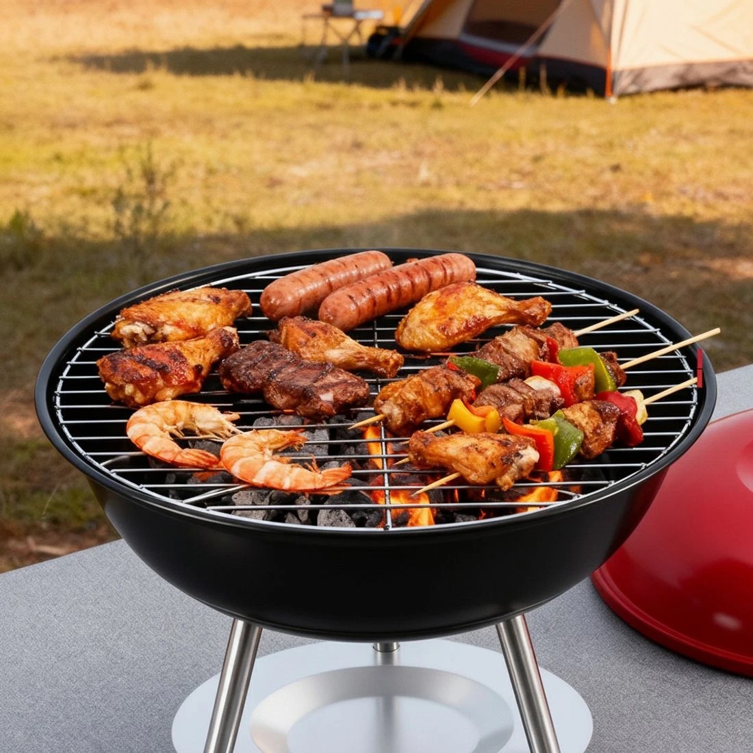 4 Grillz Charcoal BBQ Grill Portable with Lid for Camping Outdoor - Red, 4 of 6