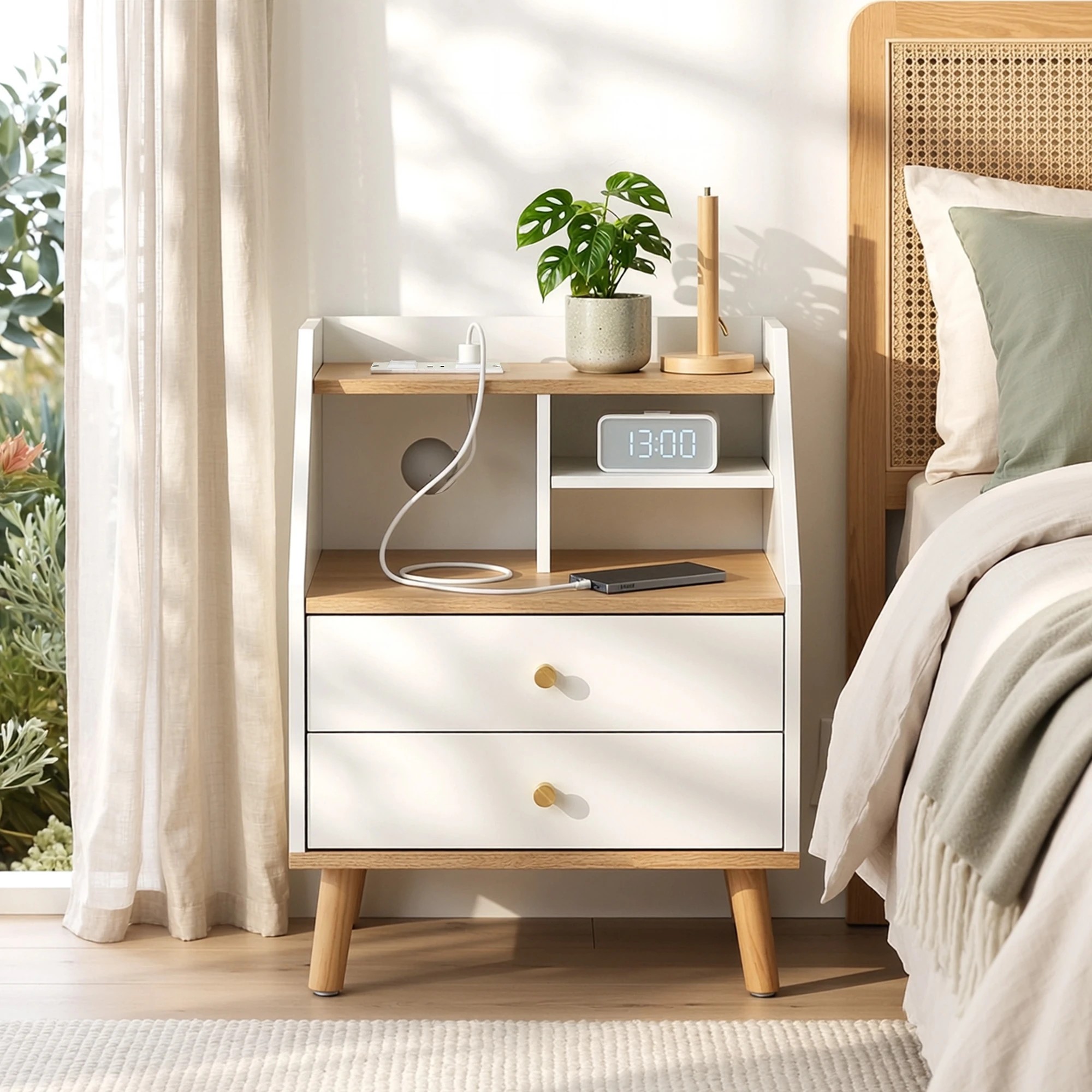 5 Artiss Bedside Table 2 Drawers Charging Station - White, 5 of 8
