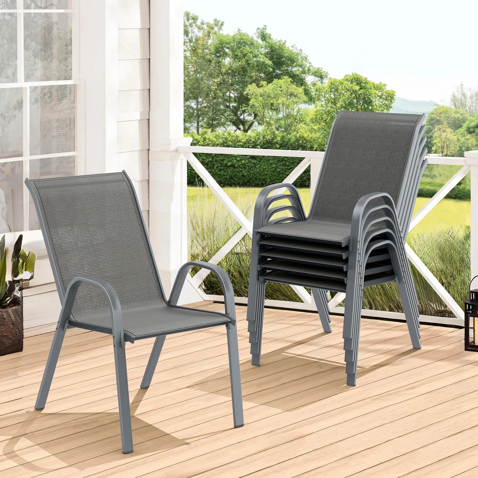 2 Alfordson 6x Outdoor Lounge Chairs Patio Dining Furniture Garden Stackable - Grey, 2 of 10