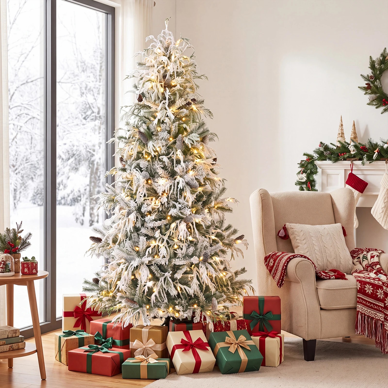 3 Costway 2.1M Flocked Christmas Tree w/35 Natural Pine Cones Pre-Lit Artificial Xmas Tree, 3 of 8