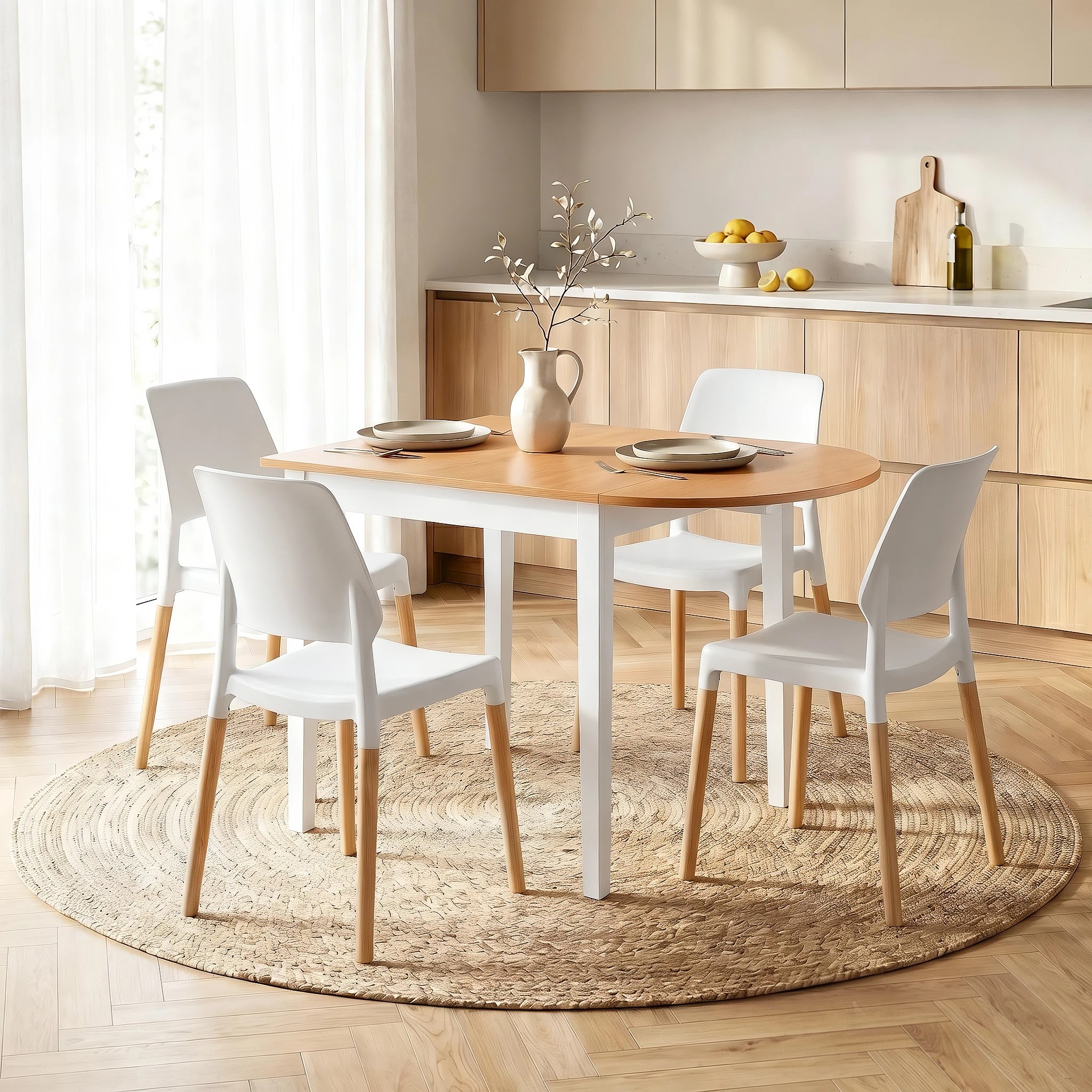 8 Artiss Drop-Leaf Dining Table and Chairs Set 5PCS White Wooden 4 Seater - White, 8 of 10